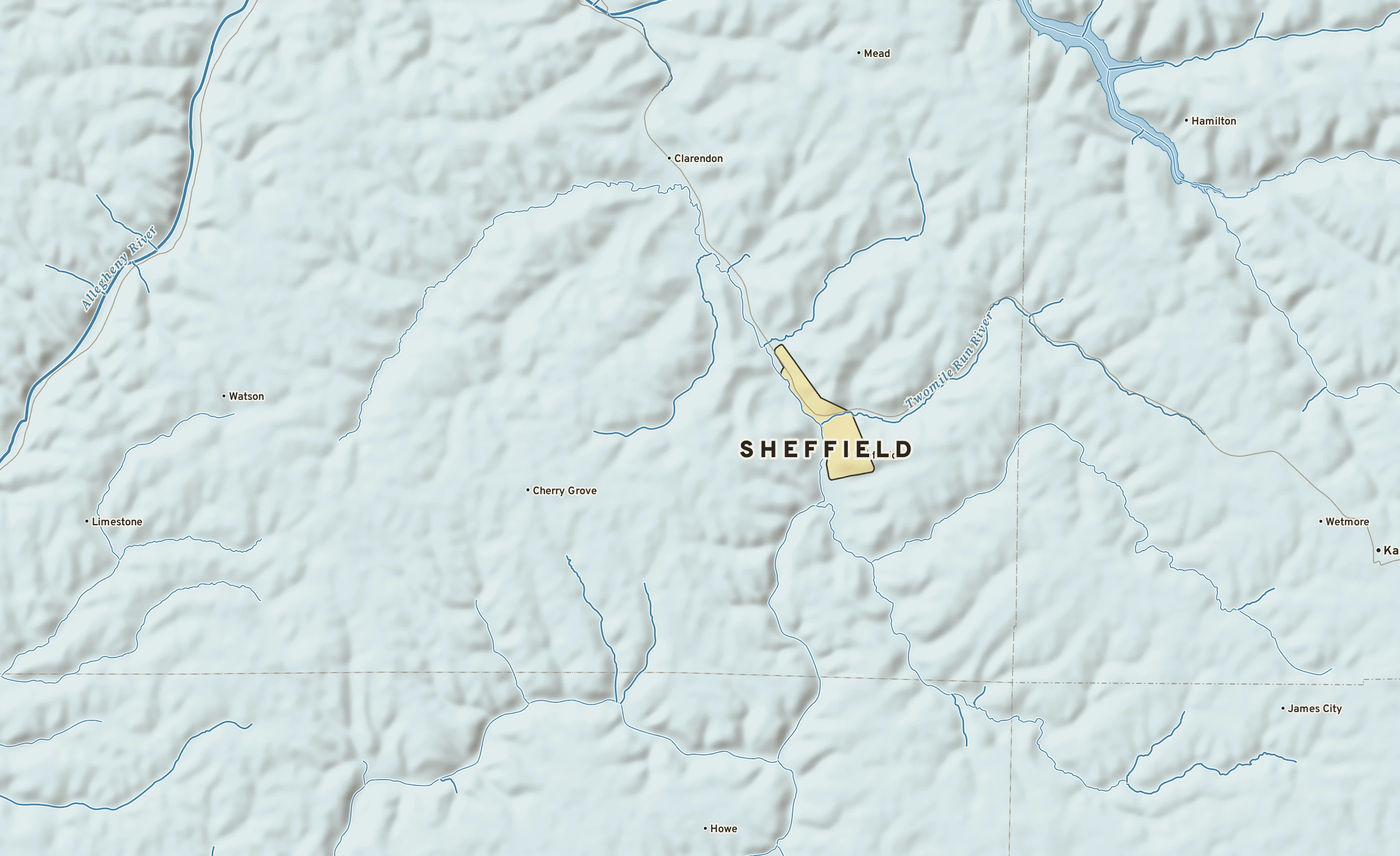 Shaded-relief atlas plate of Sheffield, Pennsylvania: rivers, roads, the city limits and where the water drains.