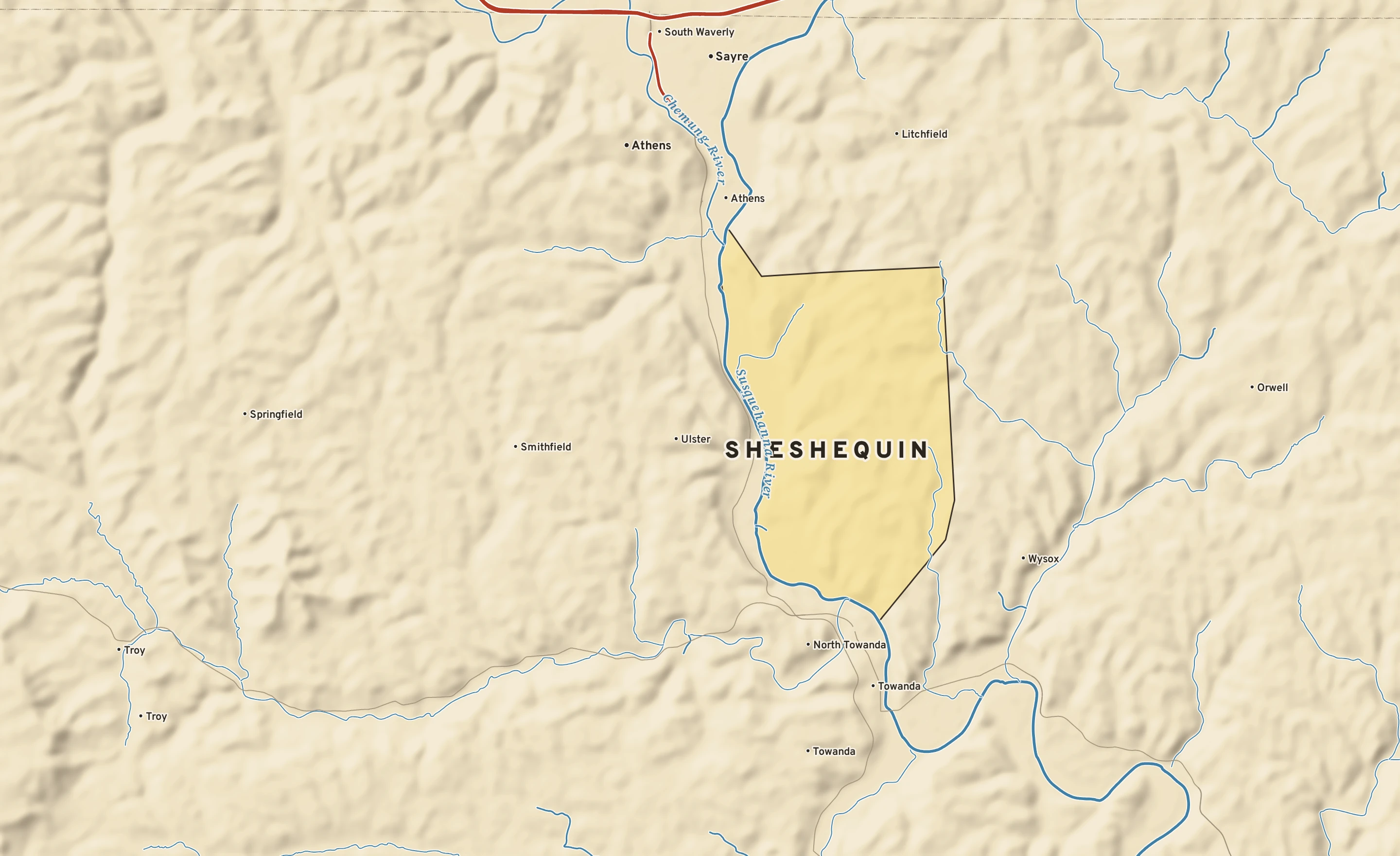 Shaded-relief atlas plate of Sheshequin, Pennsylvania: rivers, roads, the city limits and where the water drains.