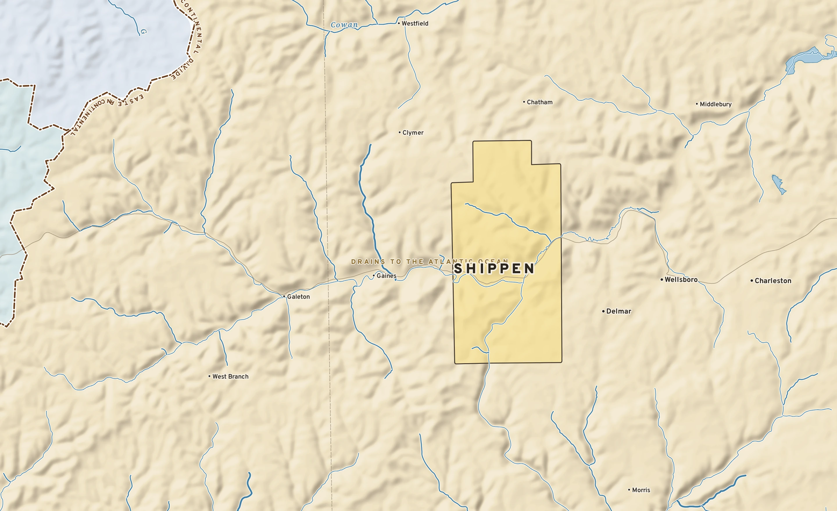 Shaded-relief atlas plate of Shippen, Pennsylvania: rivers, roads, the city limits and where the water drains.