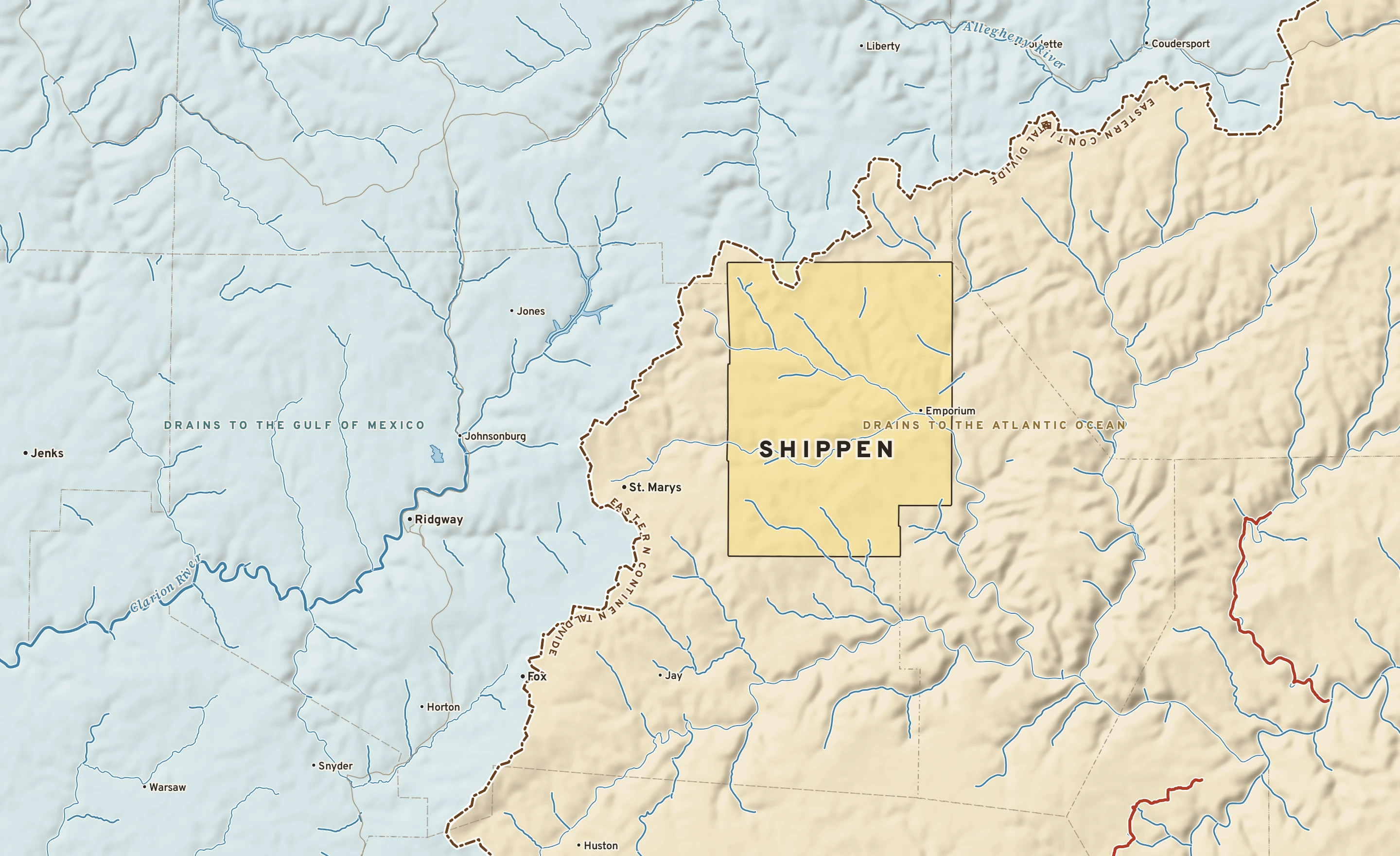 Shaded-relief atlas plate of Shippen, Pennsylvania: rivers, roads, the city limits and where the water drains.