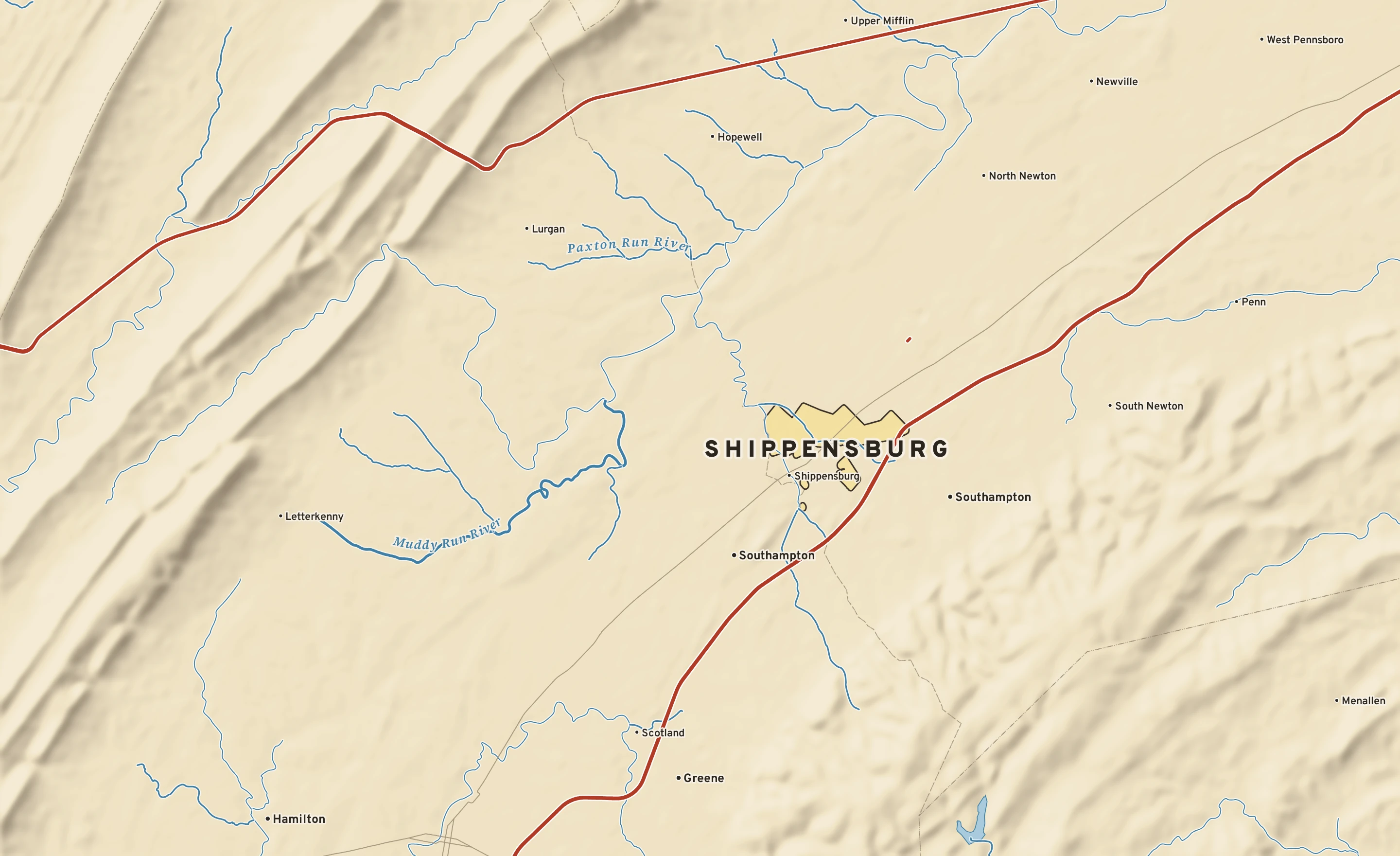 Shaded-relief atlas plate of Shippensburg, Pennsylvania: rivers, roads, the city limits and where the water drains.