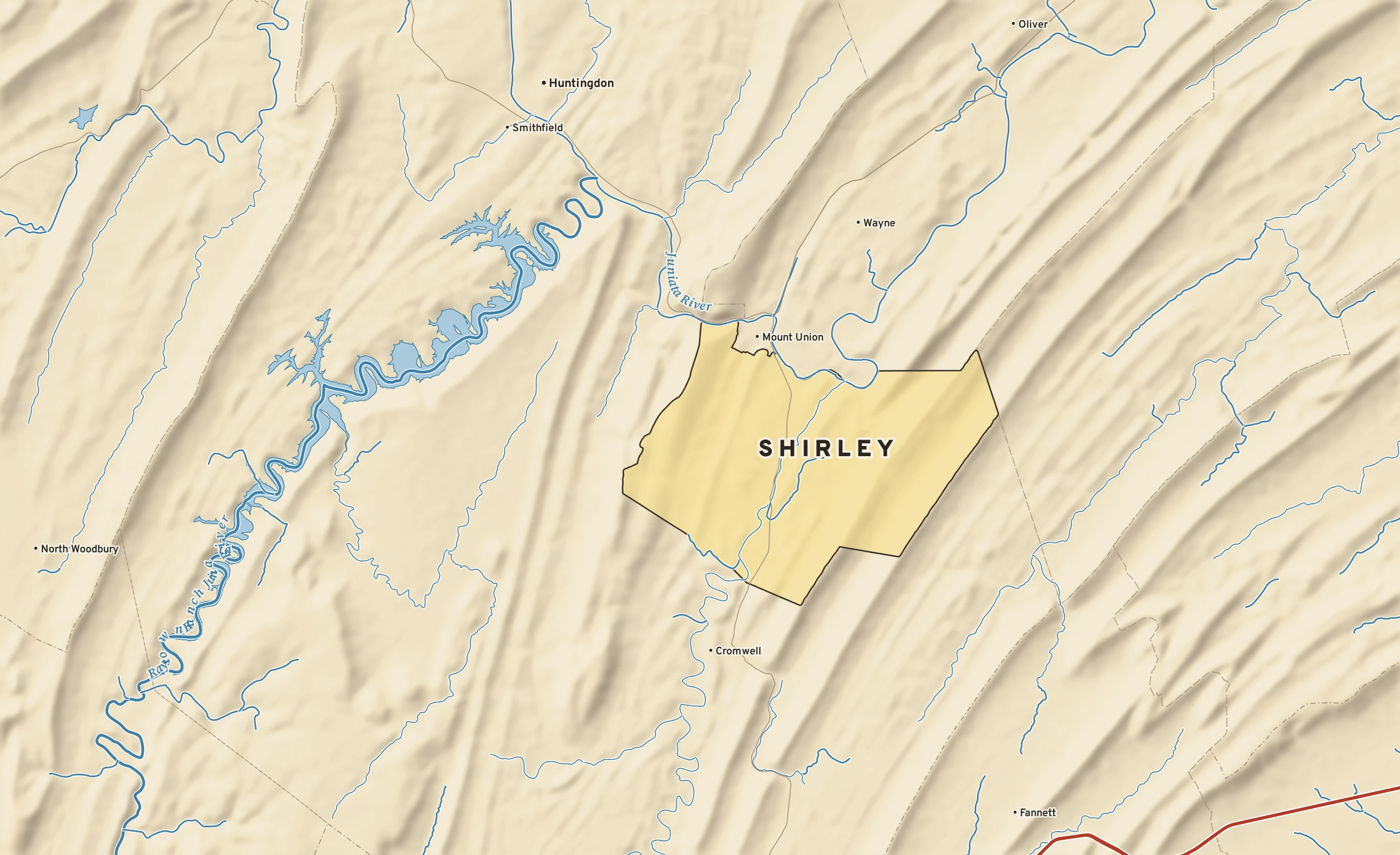 Shaded-relief atlas plate of Shirley, Pennsylvania: rivers, roads, the city limits and where the water drains.