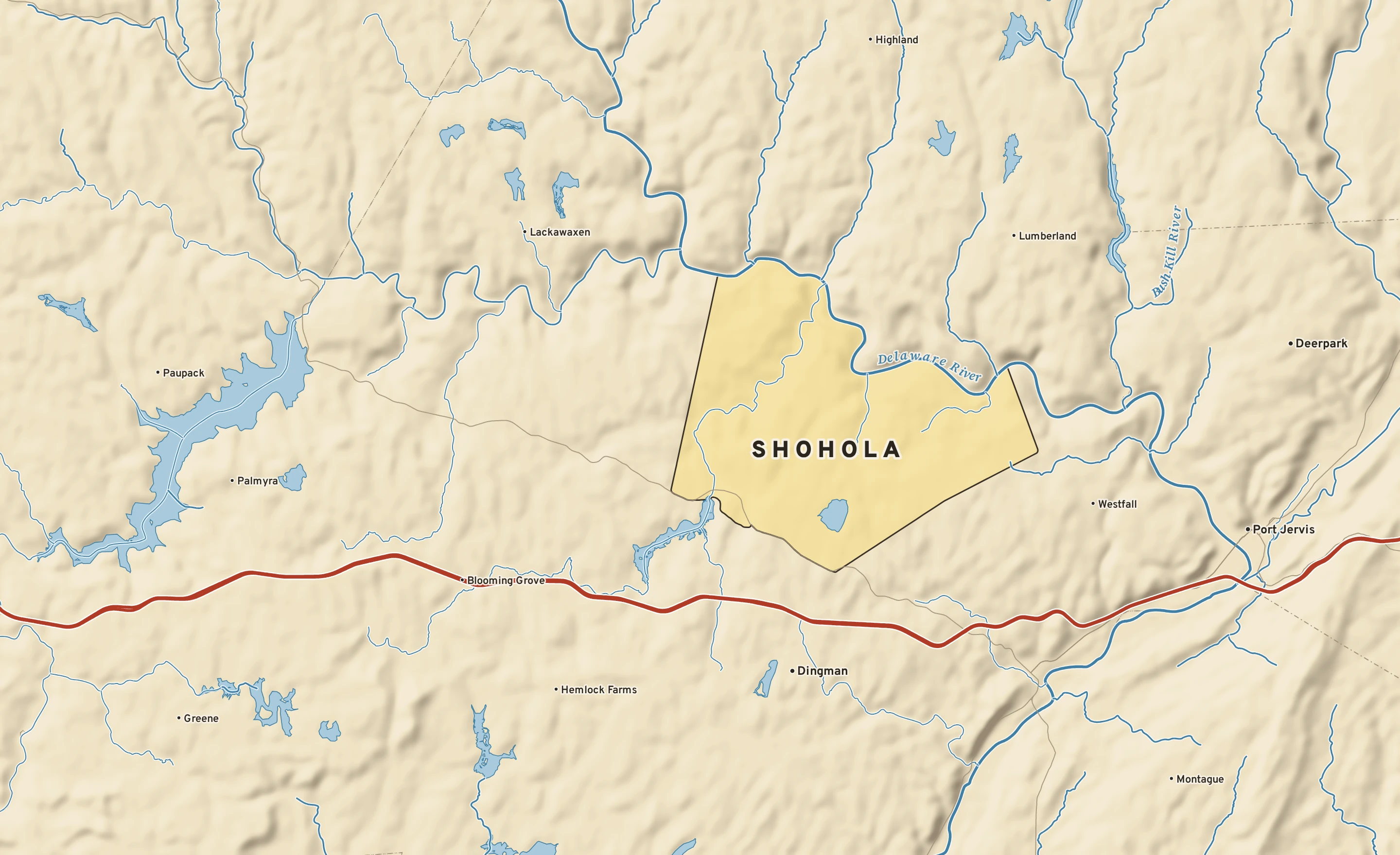 Shaded-relief atlas plate of Shohola, Pennsylvania: rivers, roads, the city limits and where the water drains.