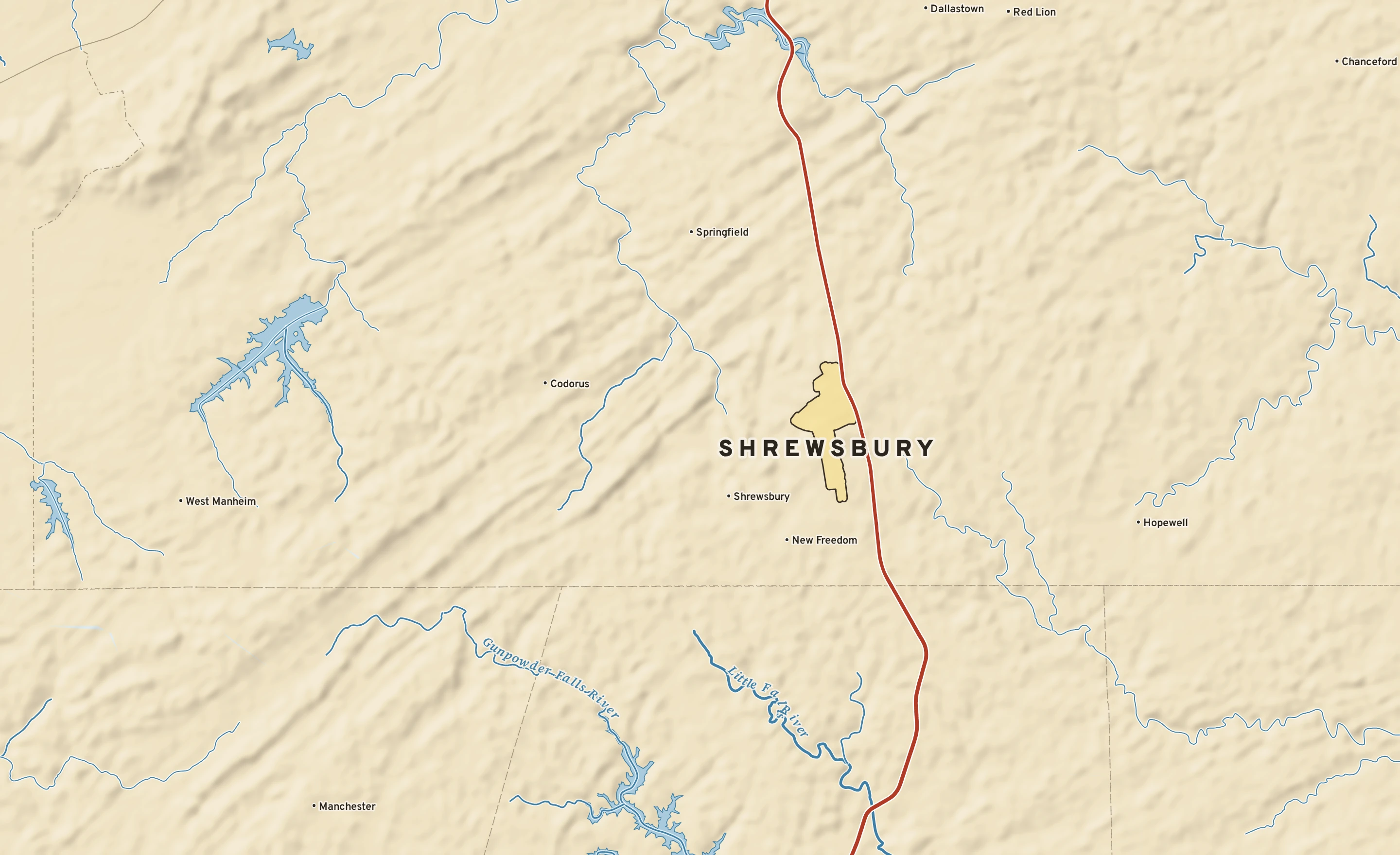 Shaded-relief atlas plate of Shrewsbury, Pennsylvania: rivers, roads, the city limits and where the water drains.