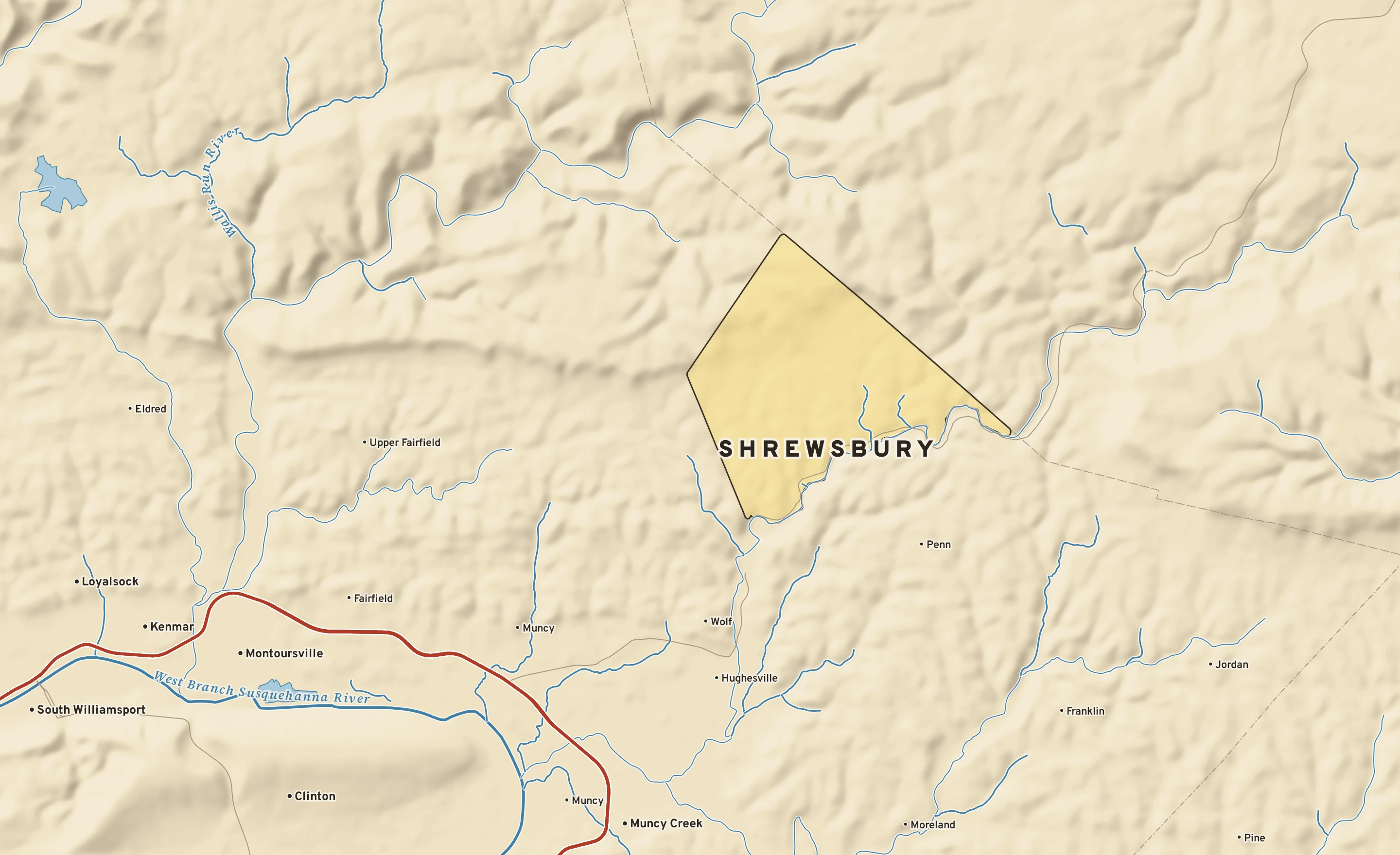 Shaded-relief atlas plate of Shrewsbury, Pennsylvania: rivers, roads, the city limits and where the water drains.