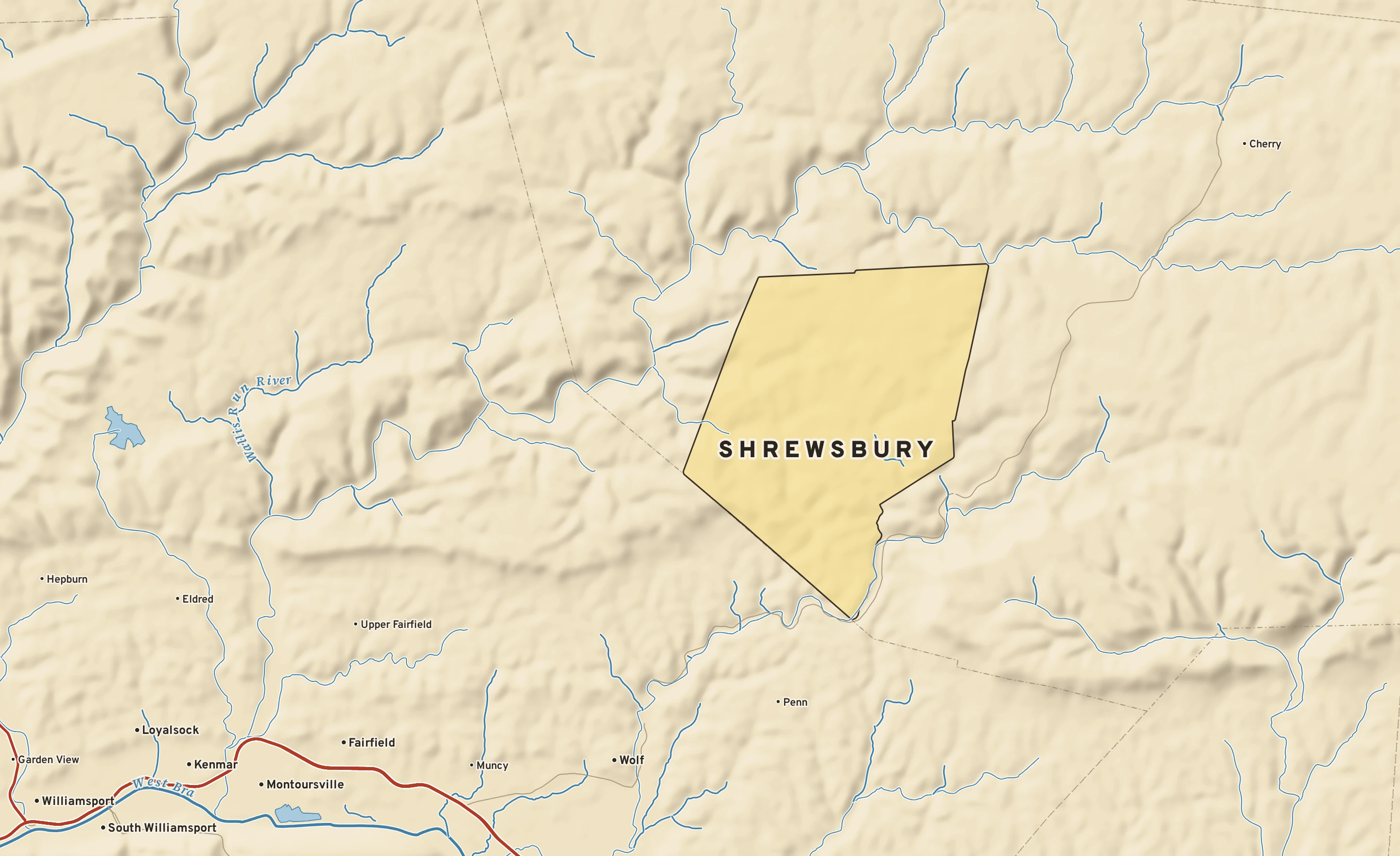 Shaded-relief atlas plate of Shrewsbury, Pennsylvania: rivers, roads, the city limits and where the water drains.