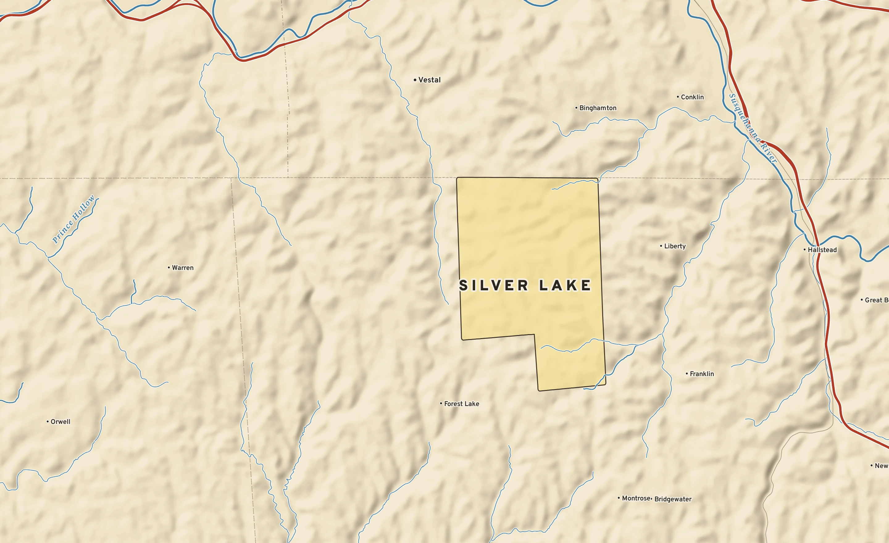 Shaded-relief atlas plate of Silver Lake, Pennsylvania: rivers, roads, the city limits and where the water drains.