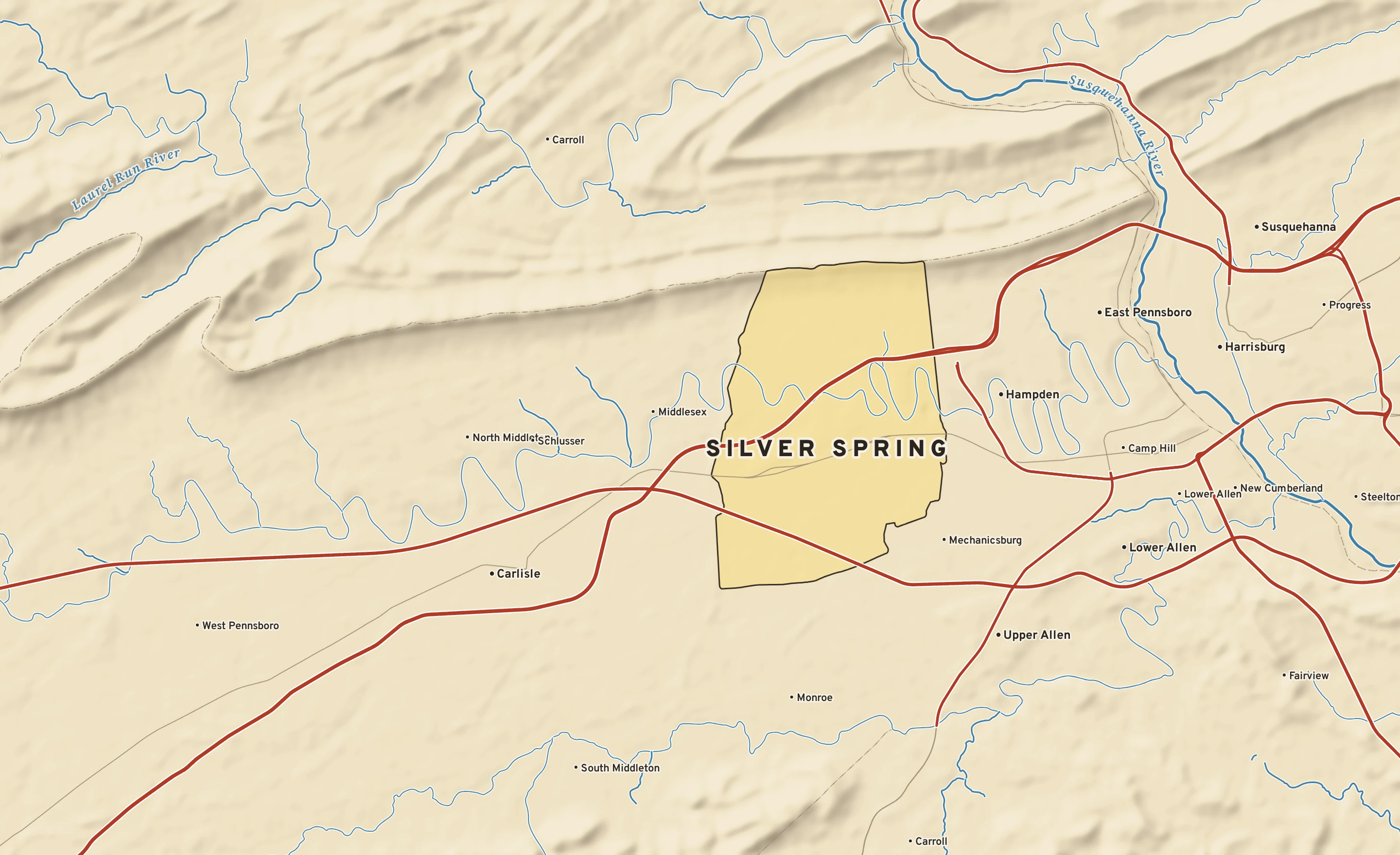 Shaded-relief atlas plate of Silver Spring, Pennsylvania: rivers, roads, the city limits and where the water drains.