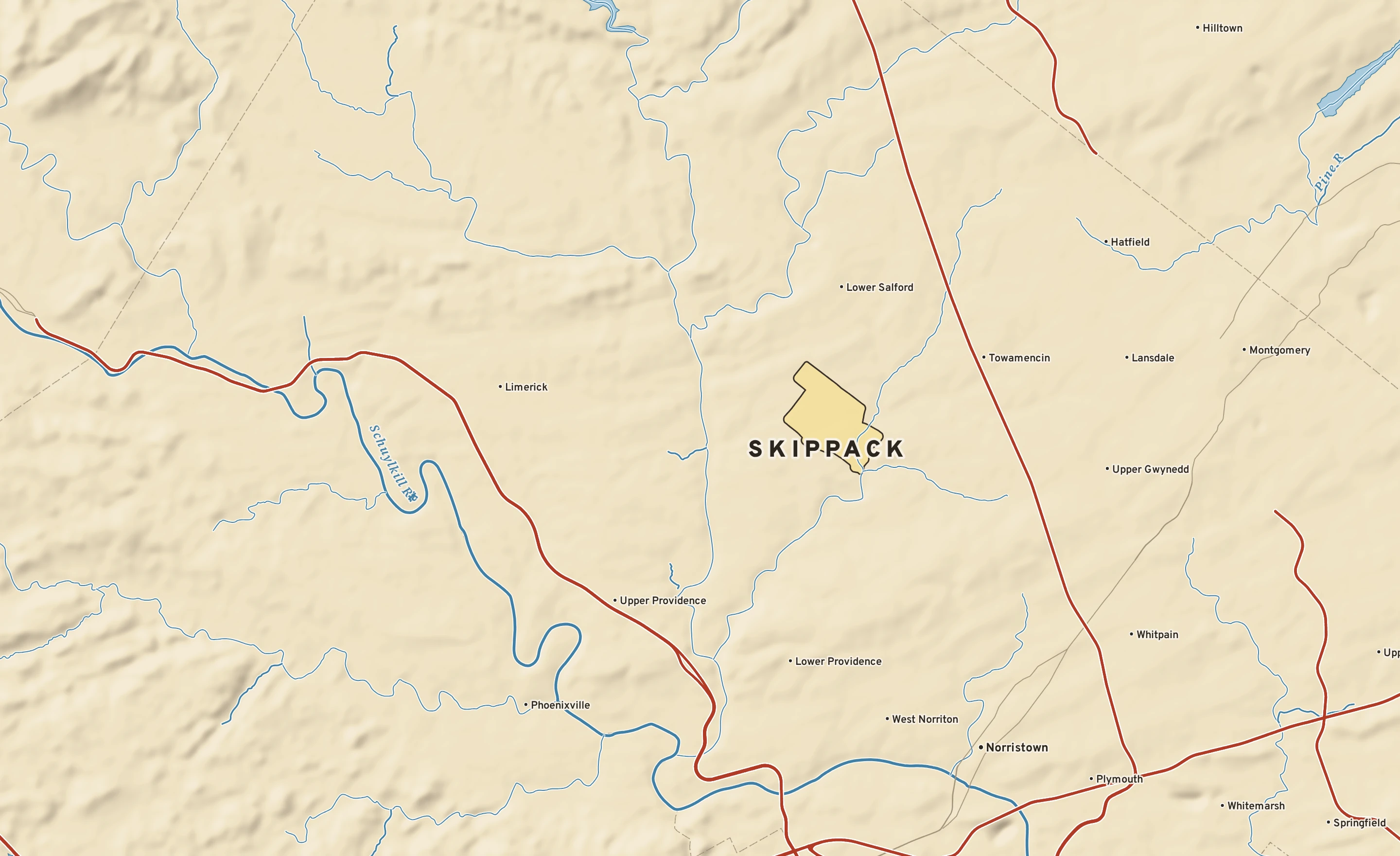 Shaded-relief atlas plate of Skippack, Pennsylvania: rivers, roads, the city limits and where the water drains.
