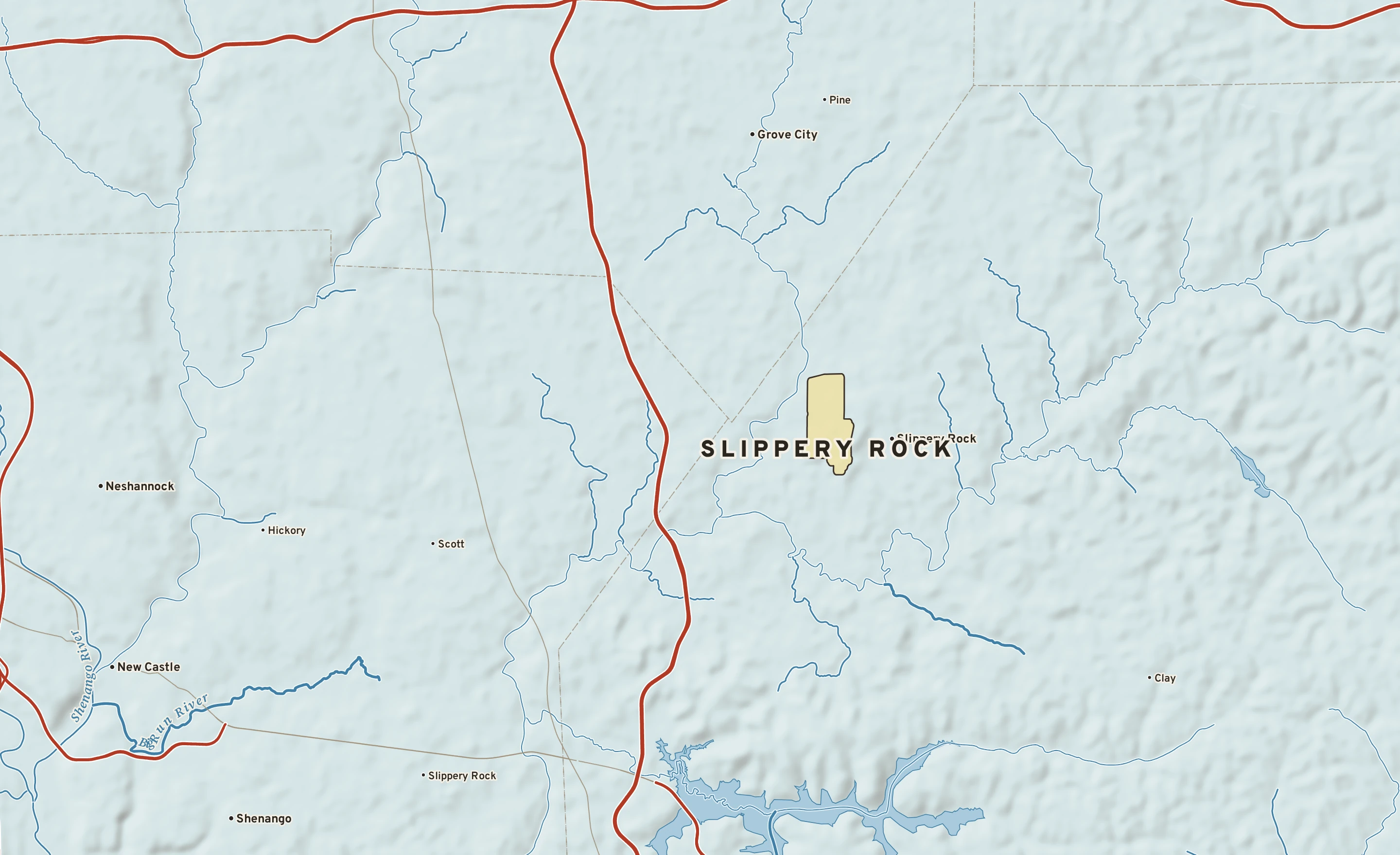 Shaded-relief atlas plate of Slippery Rock, Pennsylvania: rivers, roads, the city limits and where the water drains.