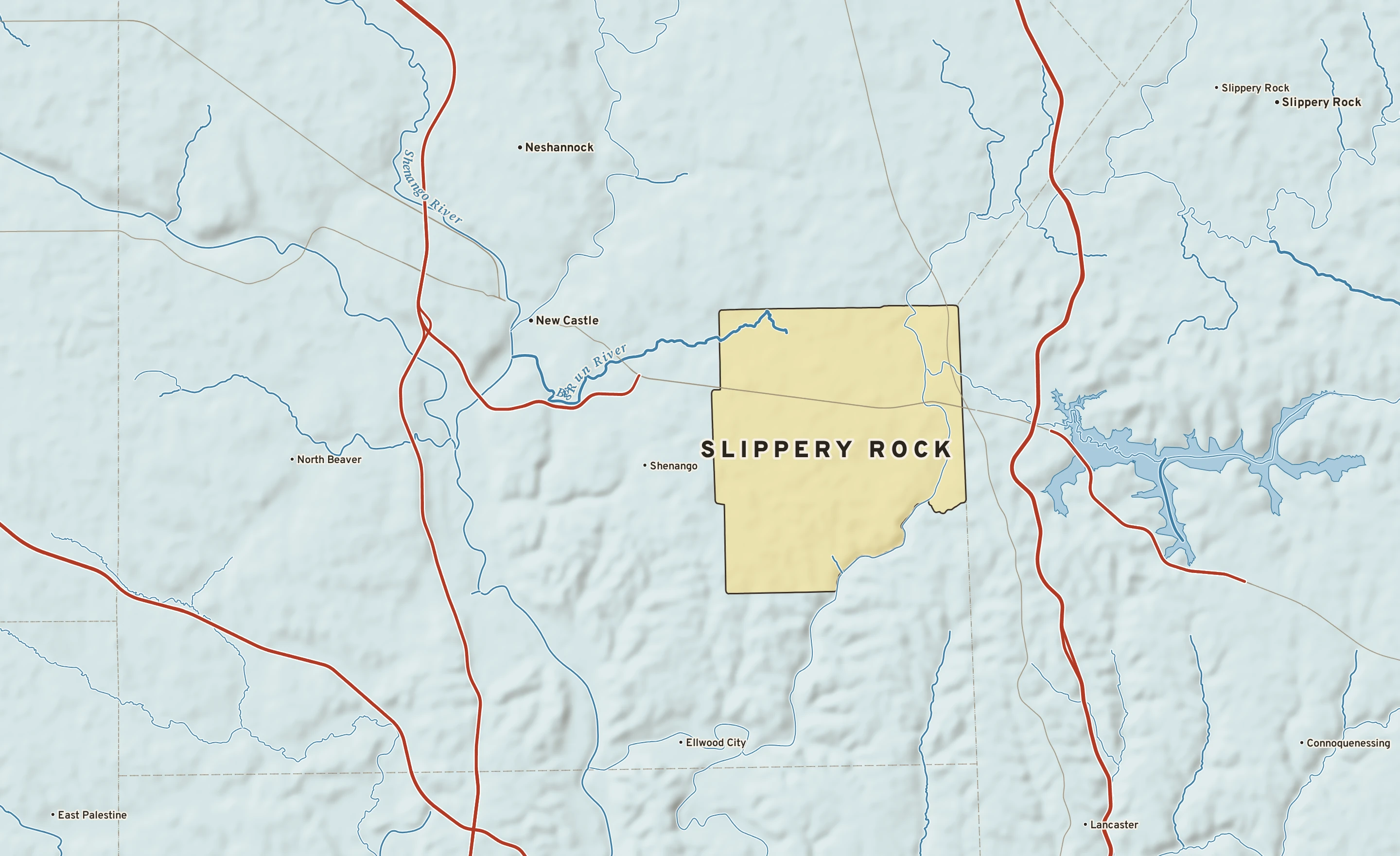 Shaded-relief atlas plate of Slippery Rock, Pennsylvania: rivers, roads, the city limits and where the water drains.