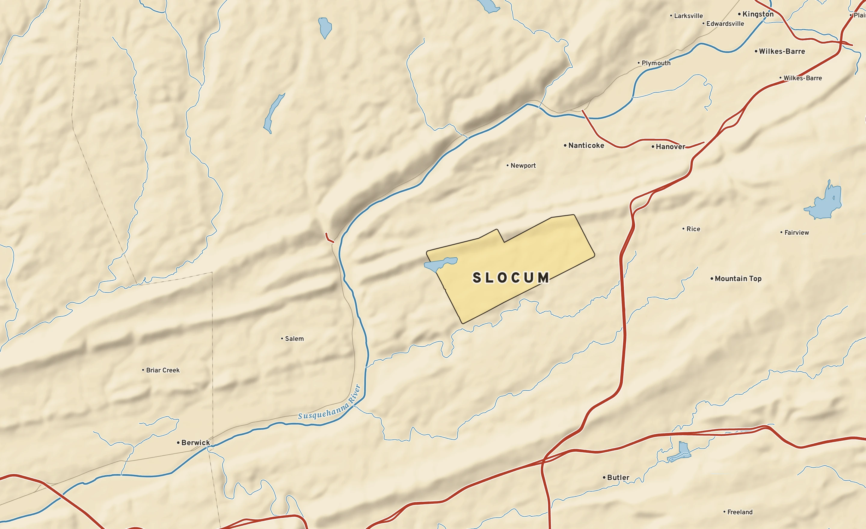 Shaded-relief atlas plate of Slocum, Pennsylvania: rivers, roads, the city limits and where the water drains.