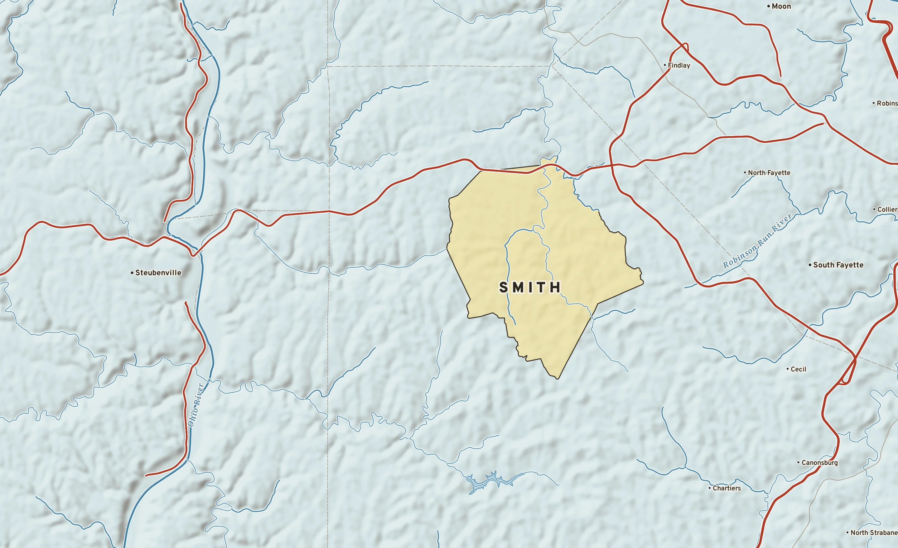 Shaded-relief atlas plate of Smith, Pennsylvania: rivers, roads, the city limits and where the water drains.