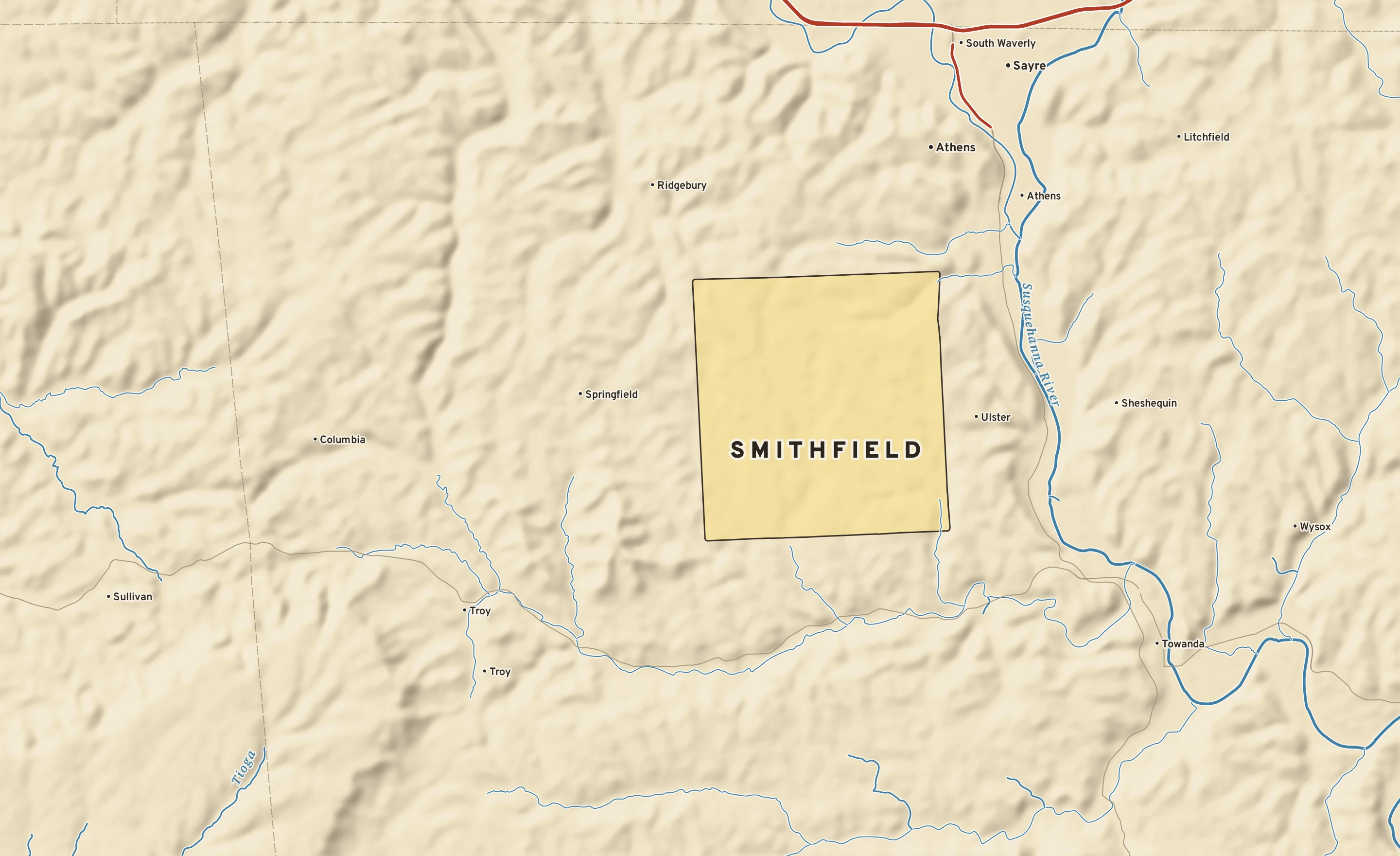 Shaded-relief atlas plate of Smithfield, Pennsylvania: rivers, roads, the city limits and where the water drains.