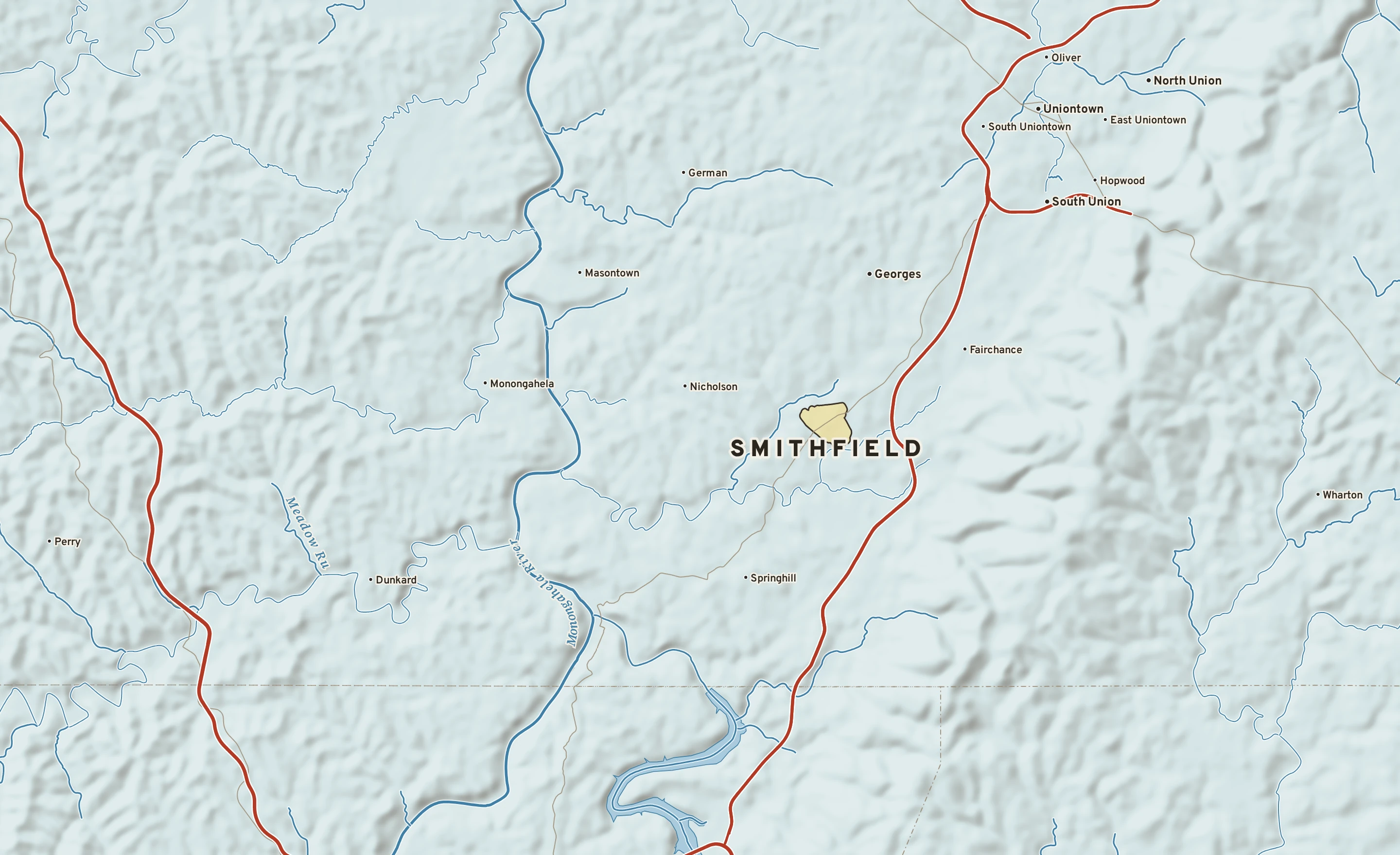 Shaded-relief atlas plate of Smithfield, Pennsylvania: rivers, roads, the city limits and where the water drains.