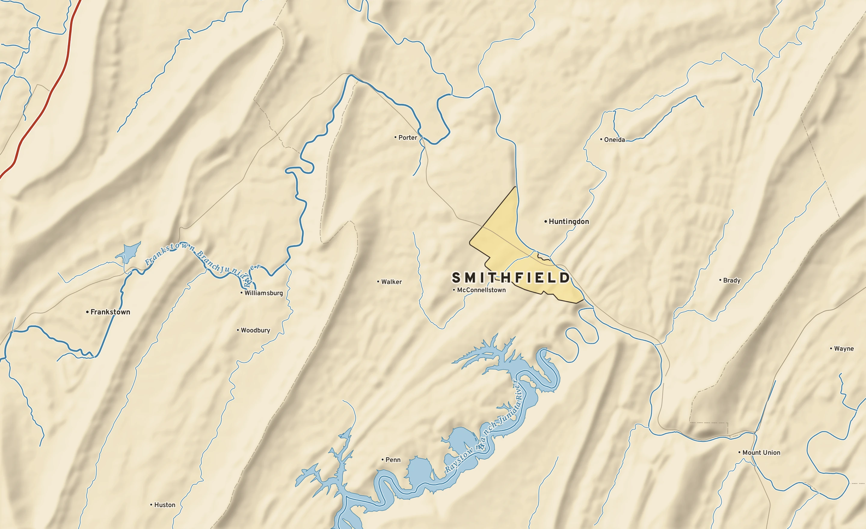 Shaded-relief atlas plate of Smithfield, Pennsylvania: rivers, roads, the city limits and where the water drains.