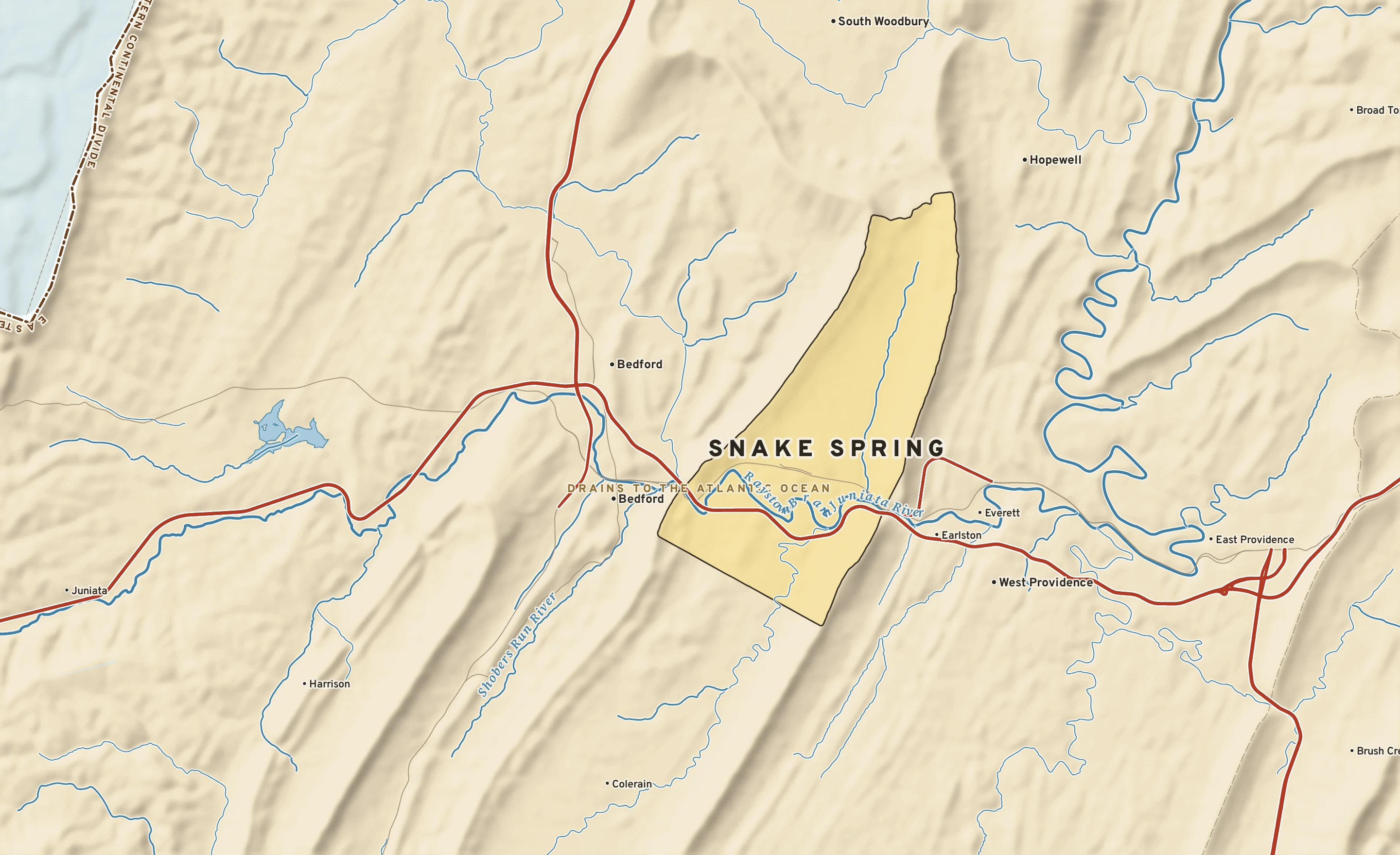 Shaded-relief atlas plate of Snake Spring, Pennsylvania: rivers, roads, the city limits and where the water drains.