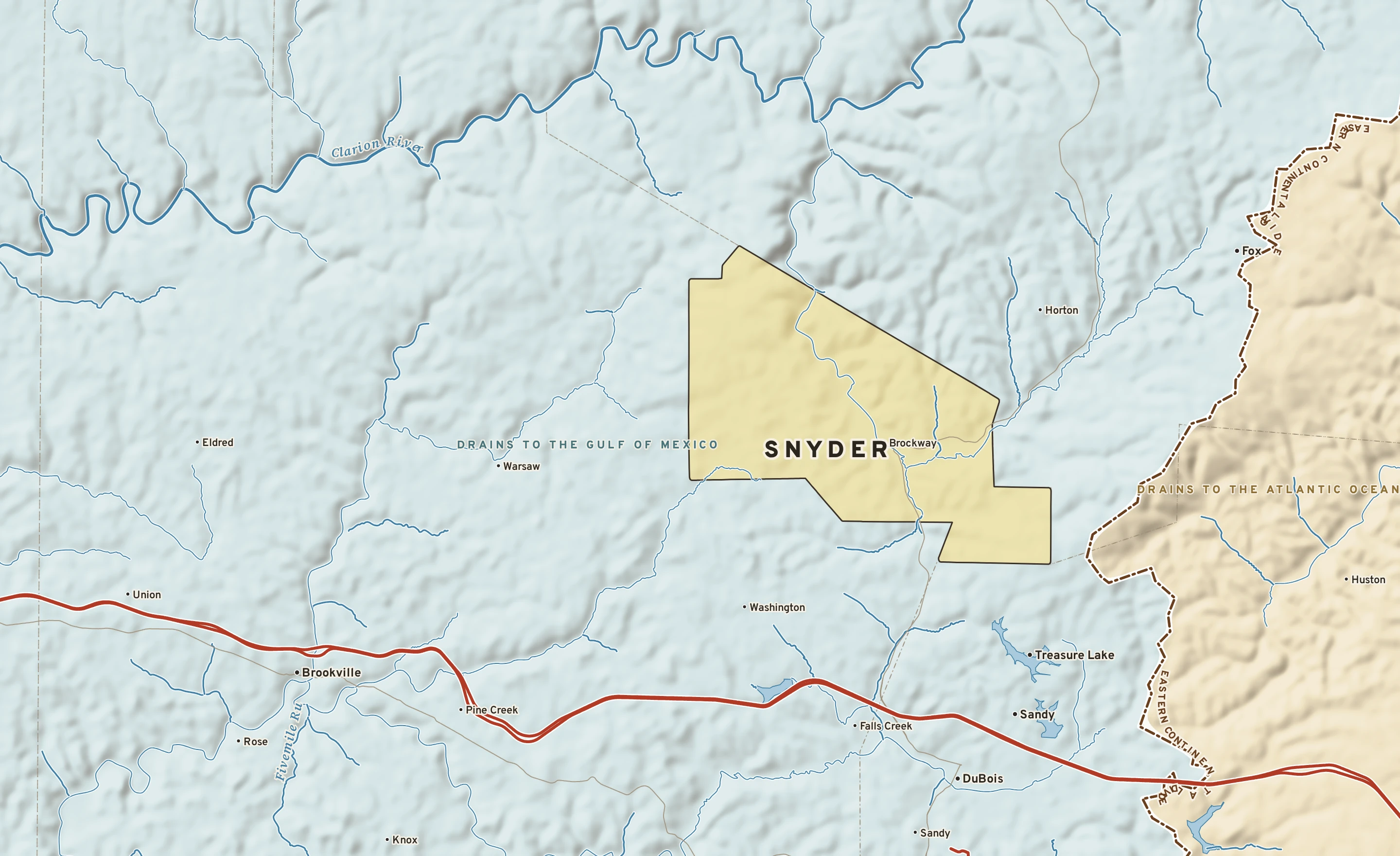 Shaded-relief atlas plate of Snyder, Pennsylvania: rivers, roads, the city limits and where the water drains.
