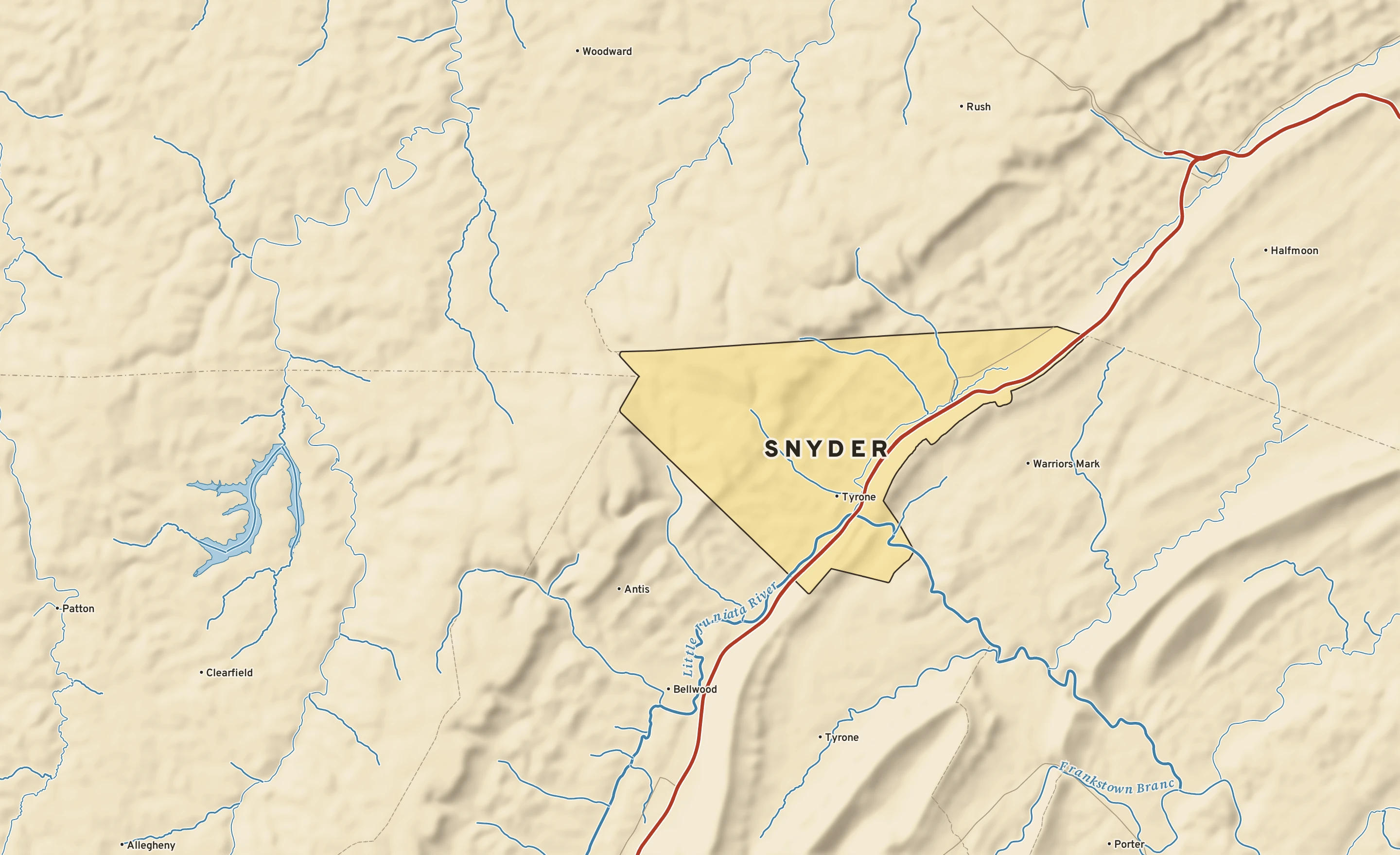 Shaded-relief atlas plate of Snyder, Pennsylvania: rivers, roads, the city limits and where the water drains.