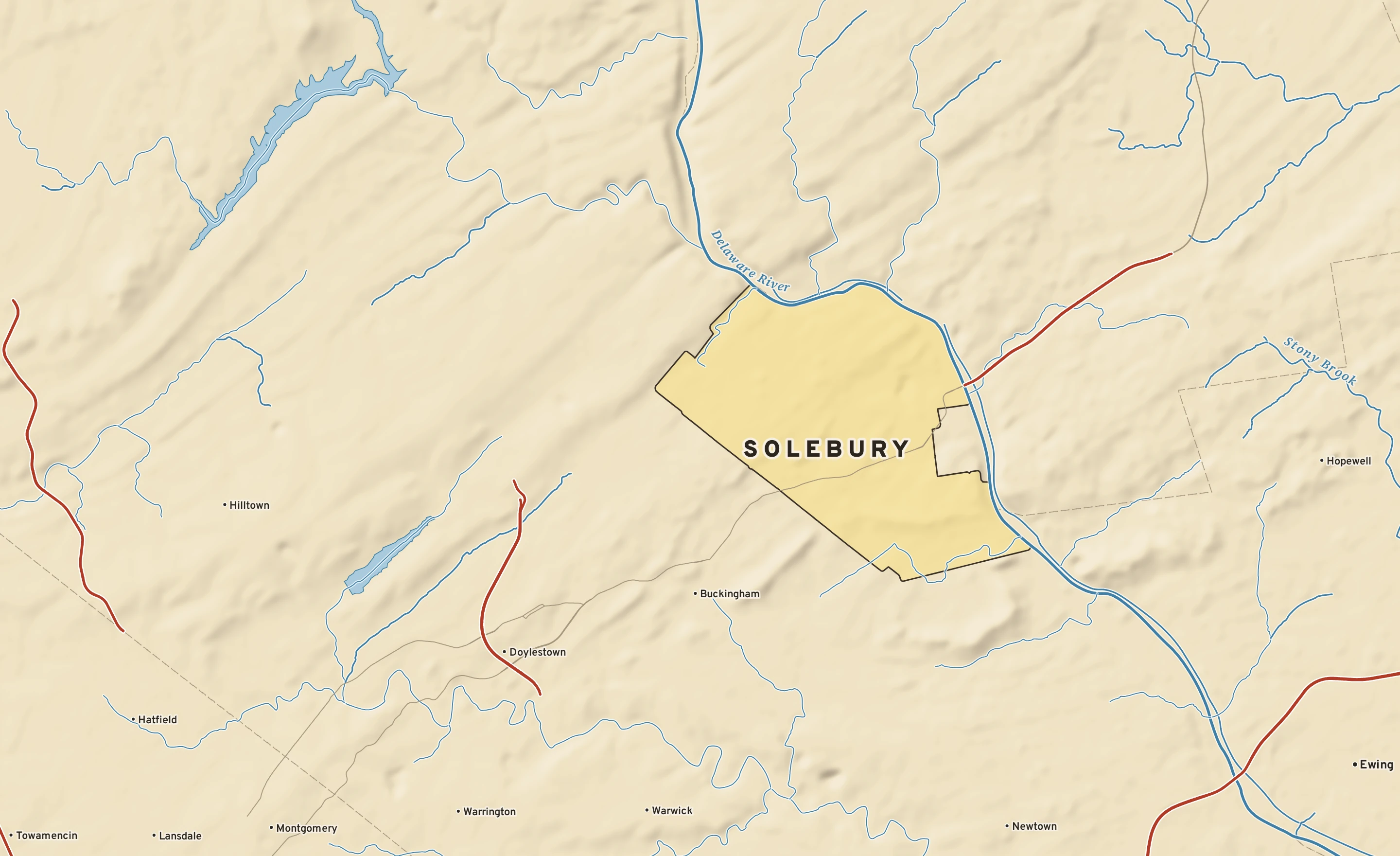 Shaded-relief atlas plate of Solebury, Pennsylvania: rivers, roads, the city limits and where the water drains.