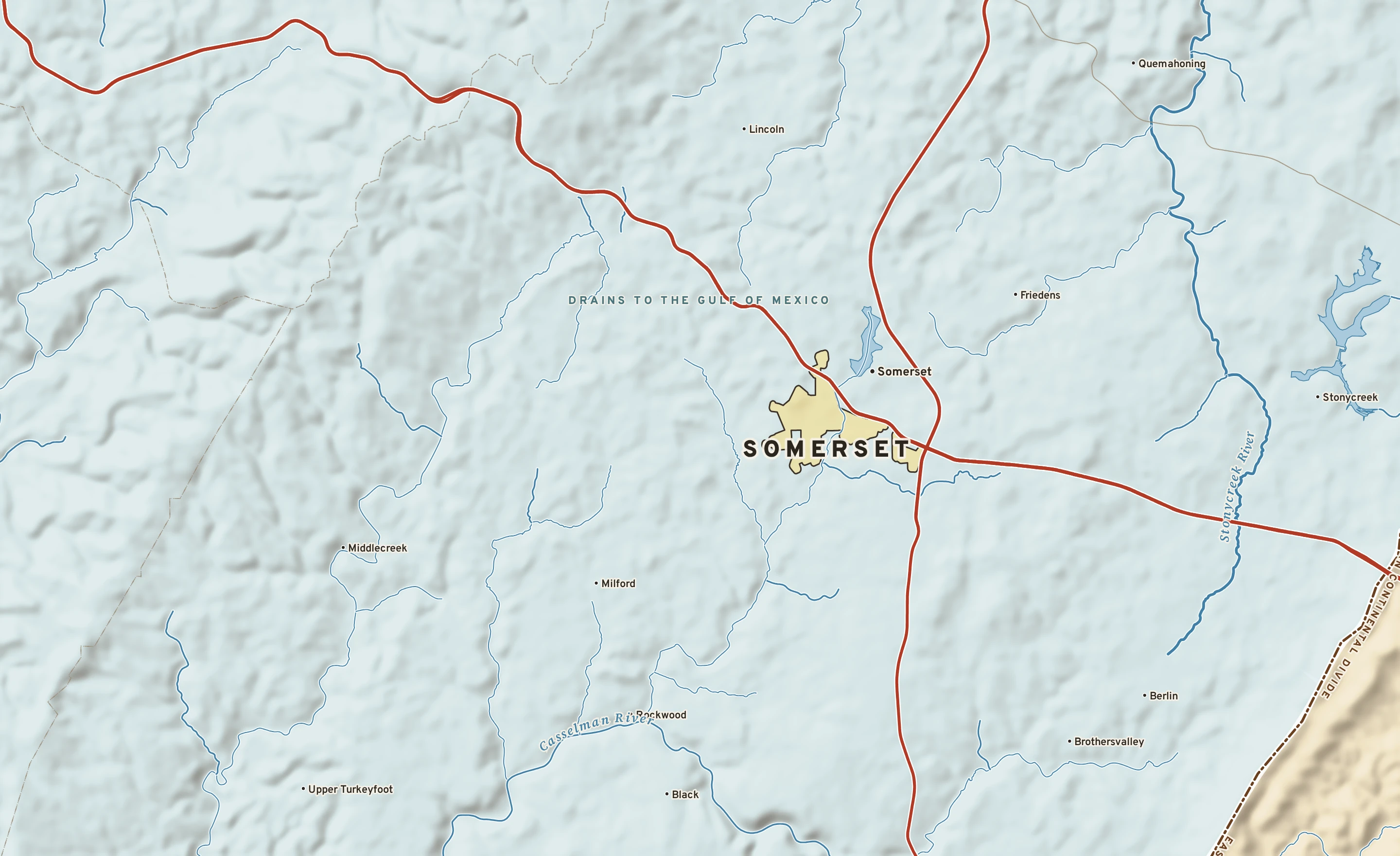 Shaded-relief atlas plate of Somerset, Pennsylvania: rivers, roads, the city limits and where the water drains.