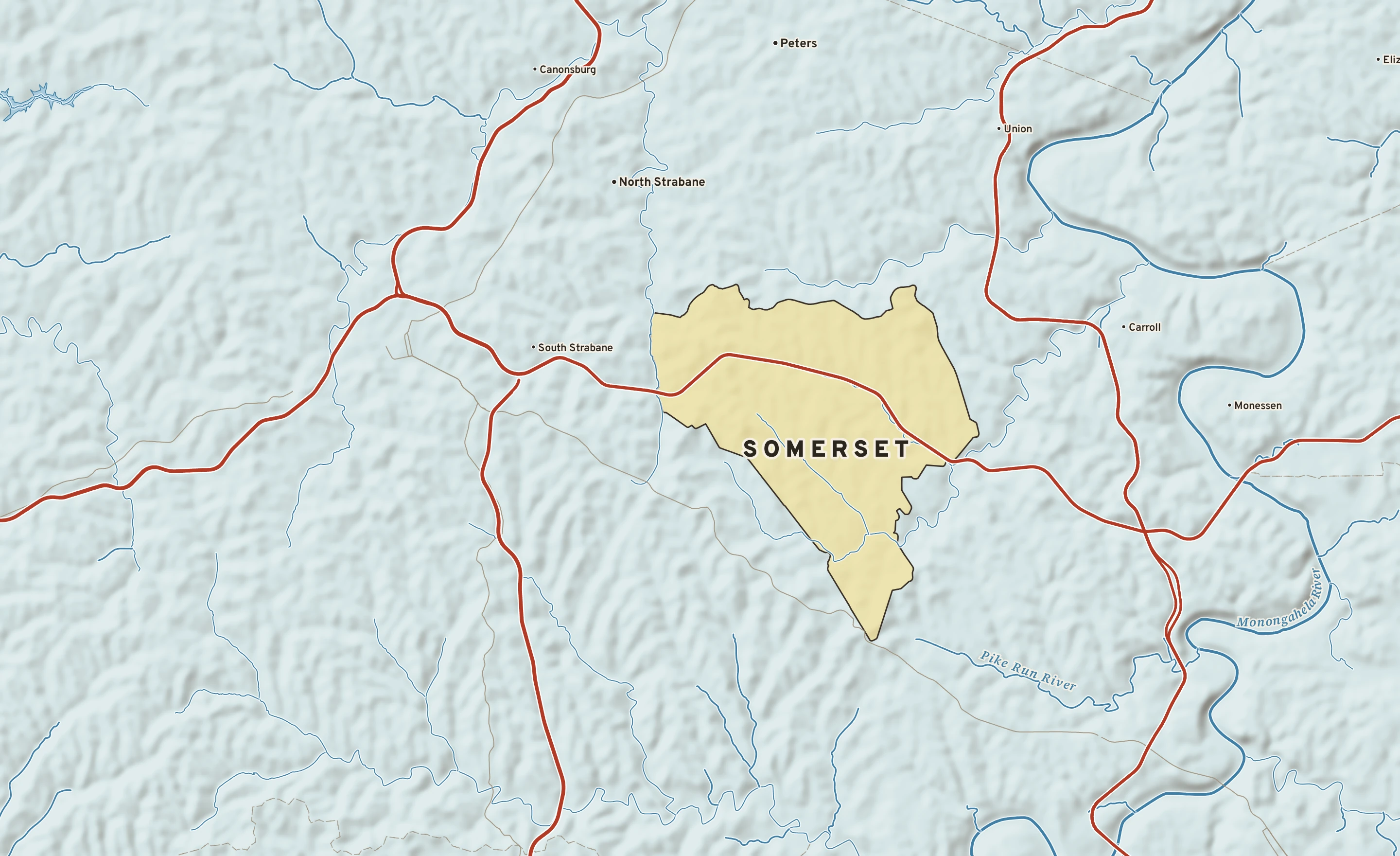 Shaded-relief atlas plate of Somerset, Pennsylvania: rivers, roads, the city limits and where the water drains.