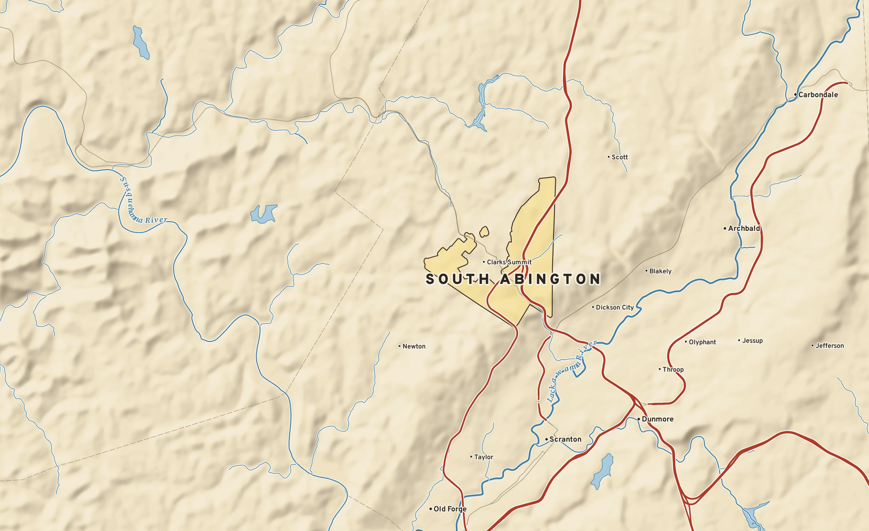 Shaded-relief atlas plate of South Abington, Pennsylvania: rivers, roads, the city limits and where the water drains.
