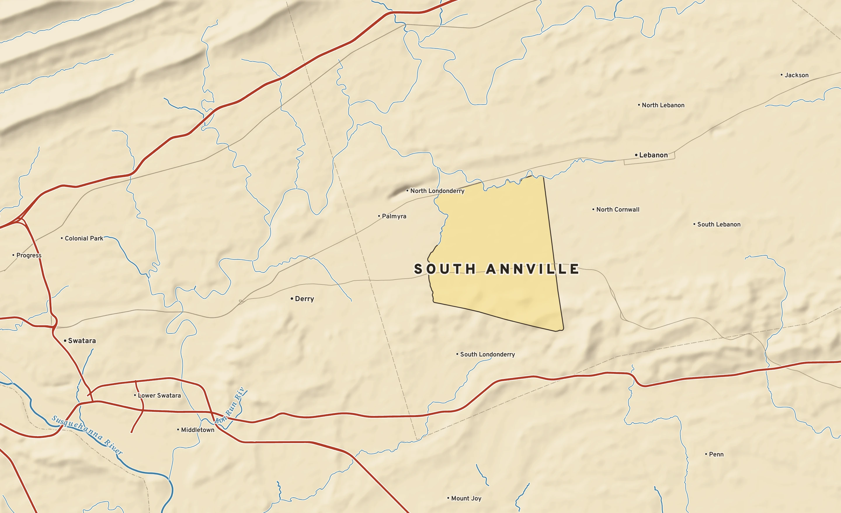 Shaded-relief atlas plate of South Annville, Pennsylvania: rivers, roads, the city limits and where the water drains.