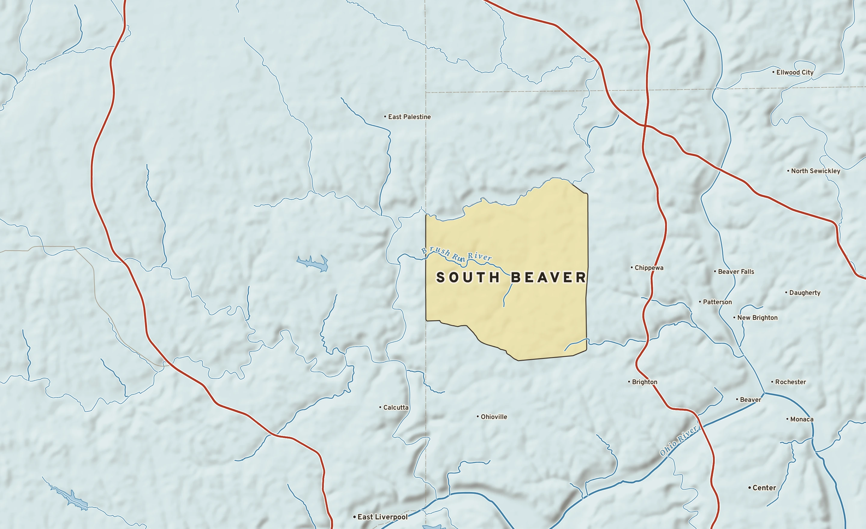 Shaded-relief atlas plate of South Beaver, Pennsylvania: rivers, roads, the city limits and where the water drains.