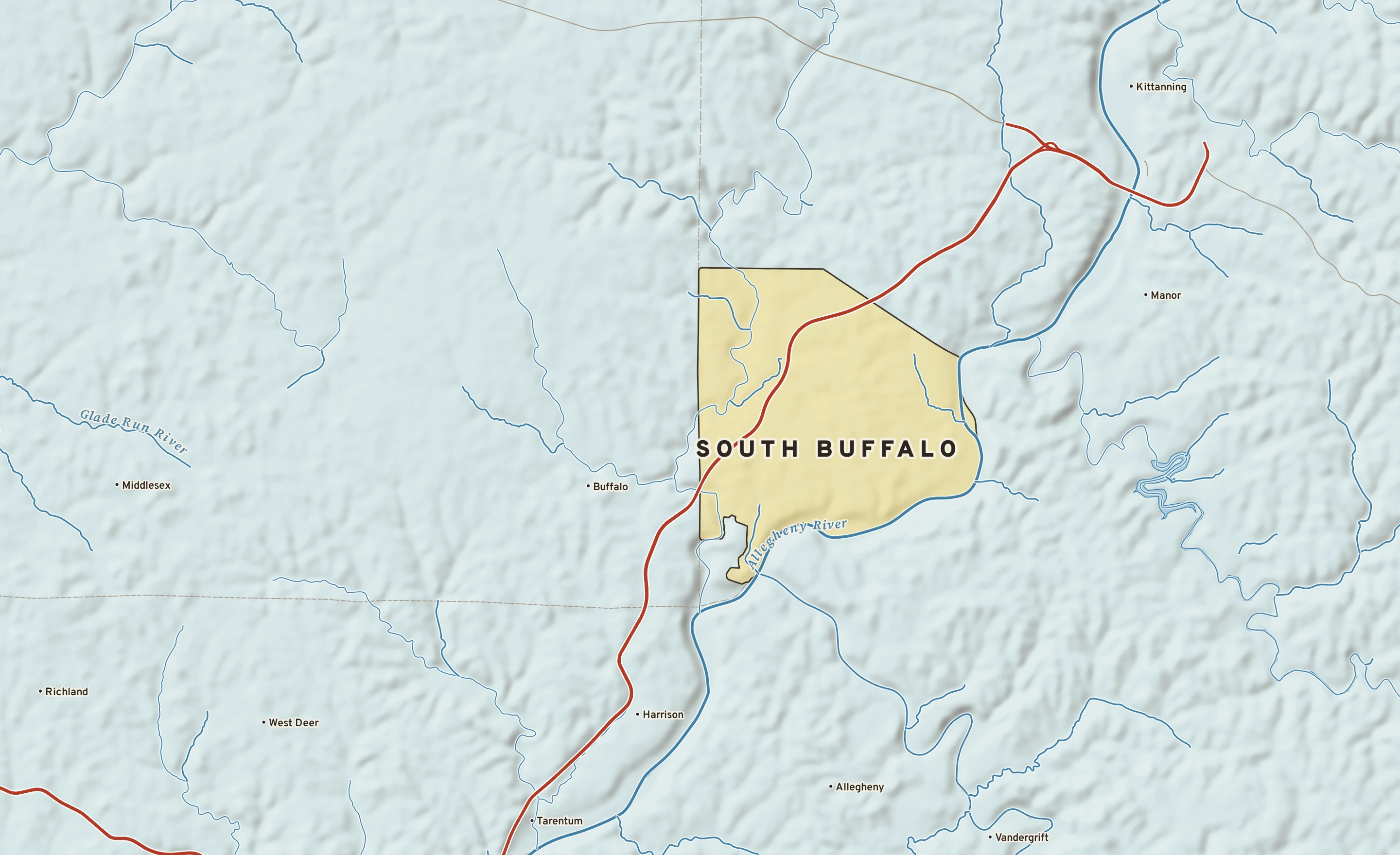 Shaded-relief atlas plate of South Buffalo, Pennsylvania: rivers, roads, the city limits and where the water drains.