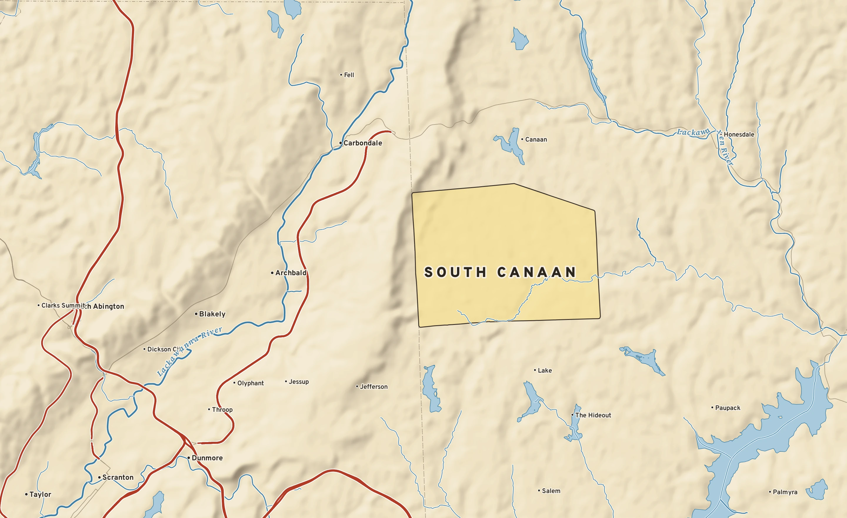 Shaded-relief atlas plate of South Canaan, Pennsylvania: rivers, roads, the city limits and where the water drains.