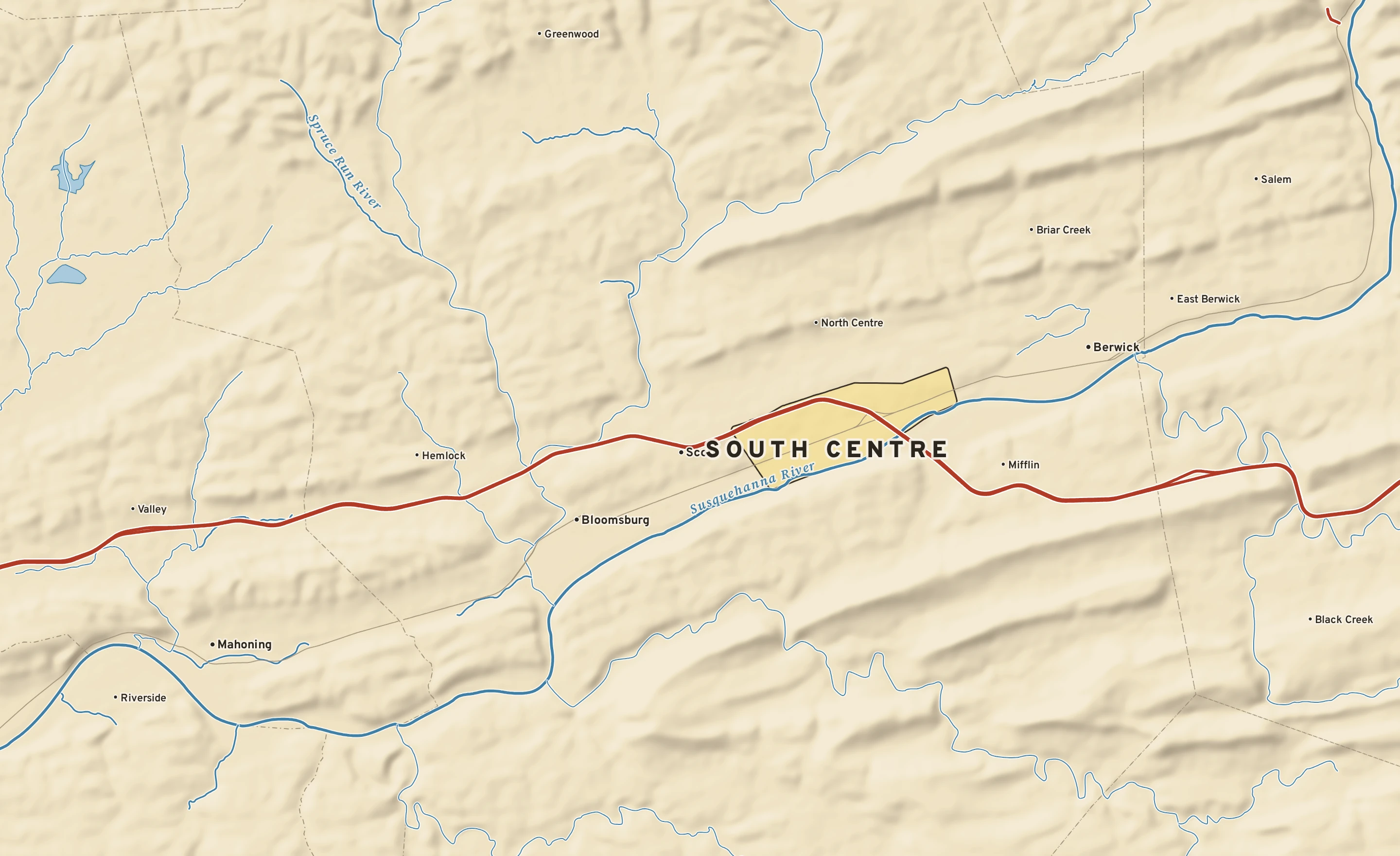 Shaded-relief atlas plate of South Centre, Pennsylvania: rivers, roads, the city limits and where the water drains.