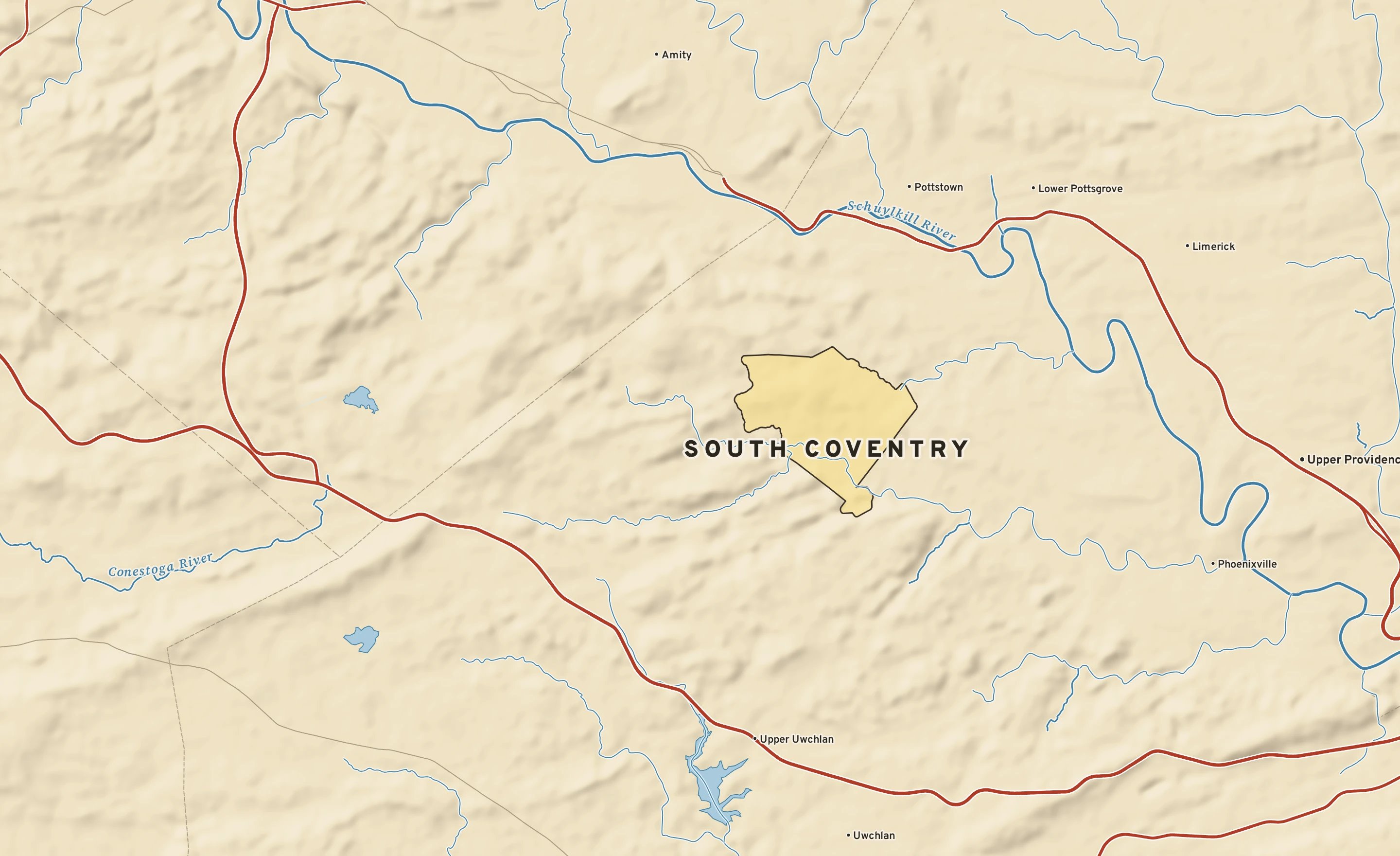Shaded-relief atlas plate of South Coventry, Pennsylvania: rivers, roads, the city limits and where the water drains.