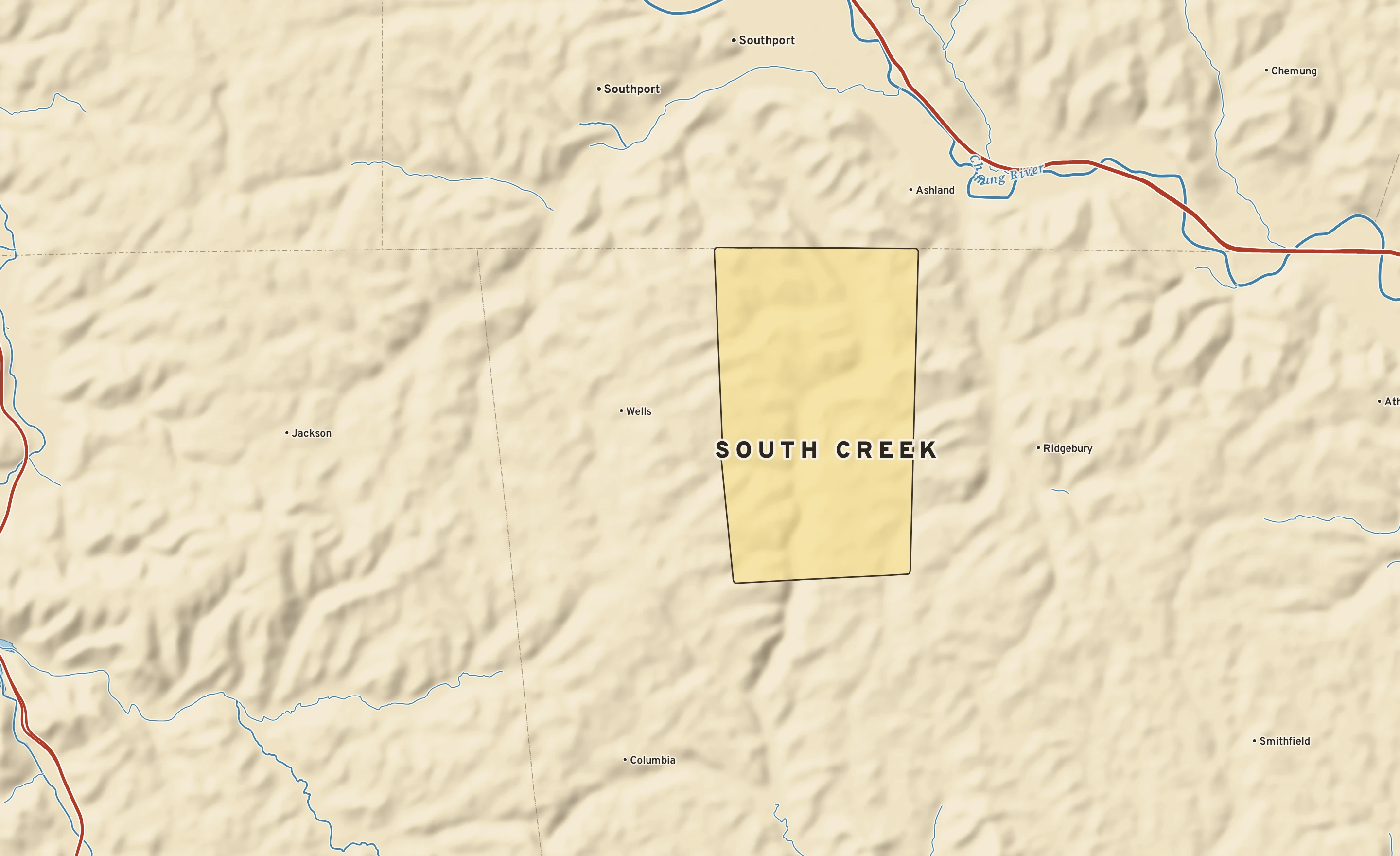 Shaded-relief atlas plate of South Creek, Pennsylvania: rivers, roads, the city limits and where the water drains.