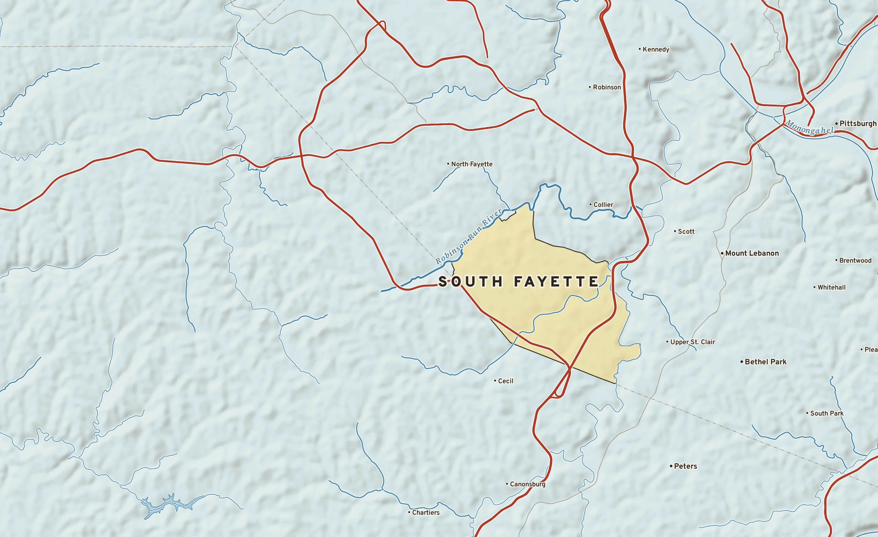 Shaded-relief atlas plate of South Fayette, Pennsylvania: rivers, roads, the city limits and where the water drains.