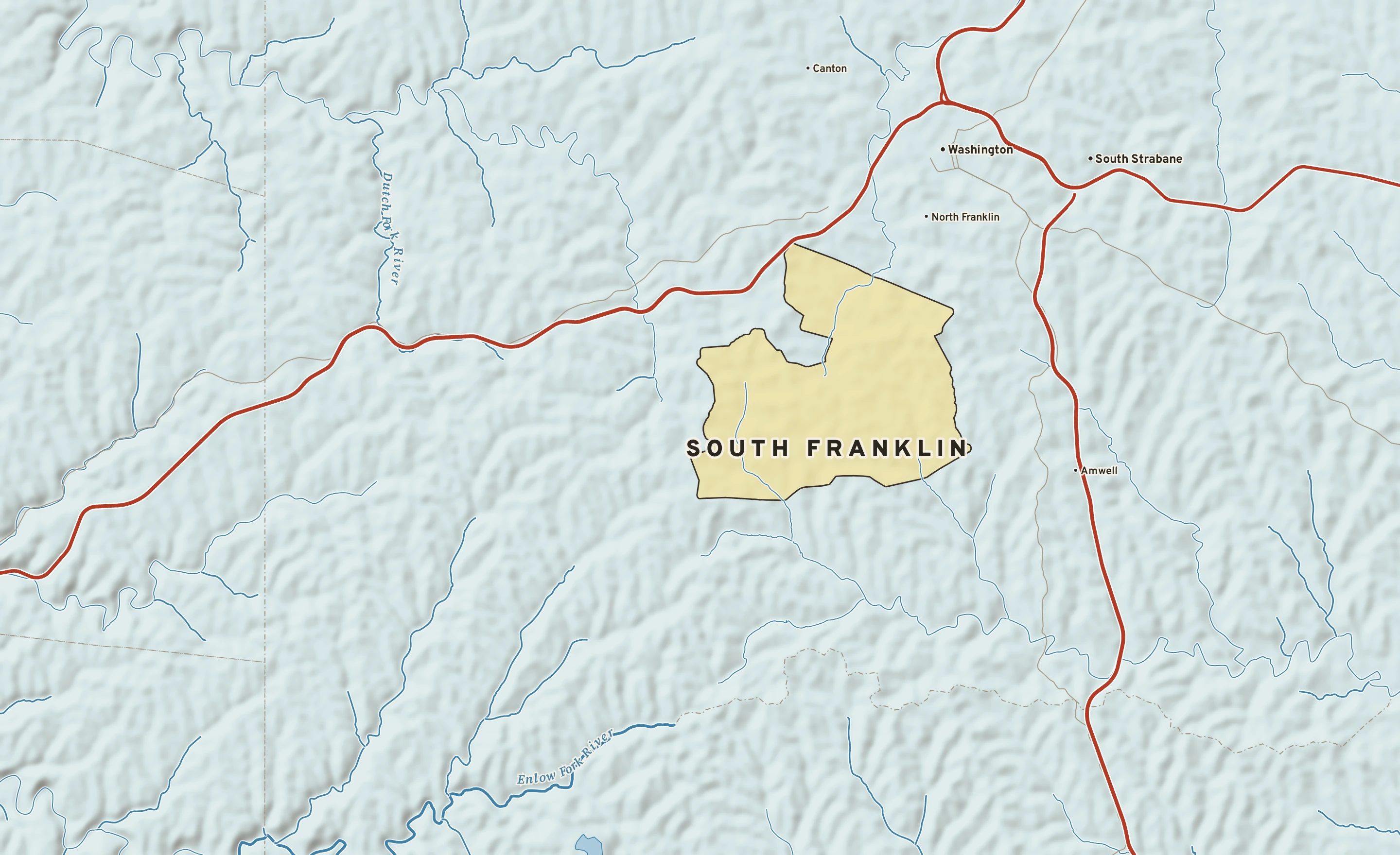 Shaded-relief atlas plate of South Franklin, Pennsylvania: rivers, roads, the city limits and where the water drains.