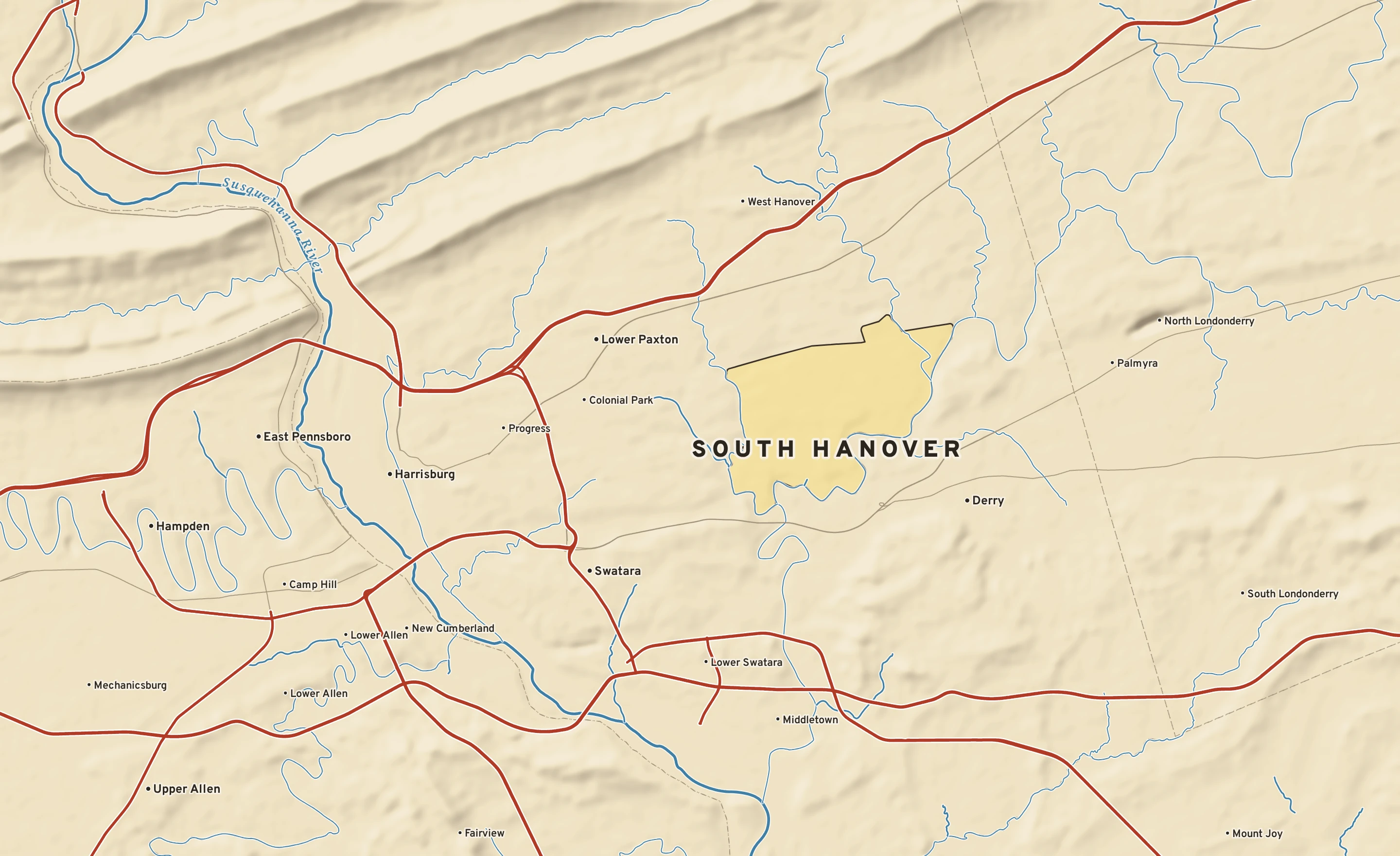 Shaded-relief atlas plate of South Hanover, Pennsylvania: rivers, roads, the city limits and where the water drains.