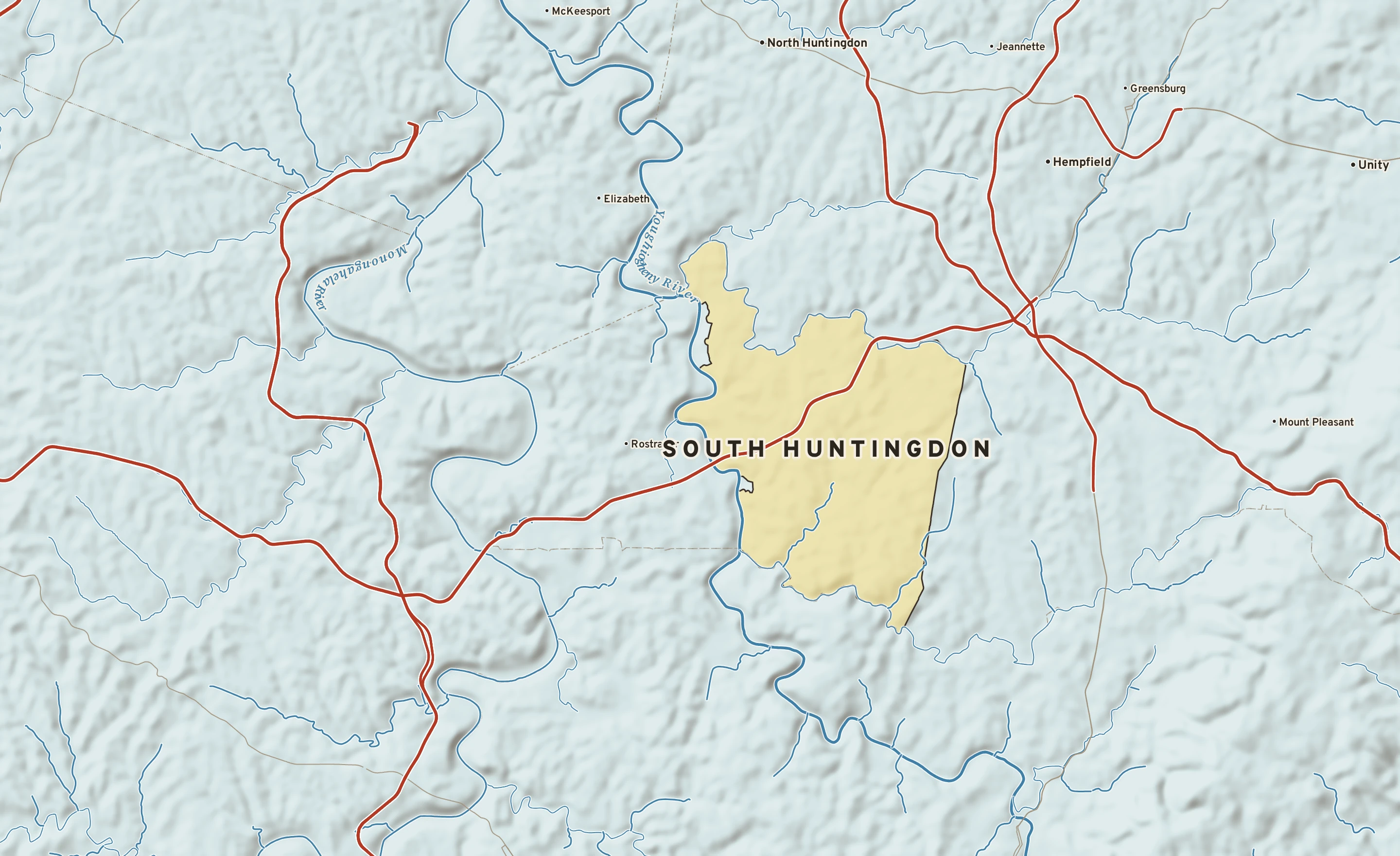 Shaded-relief atlas plate of South Huntingdon, Pennsylvania: rivers, roads, the city limits and where the water drains.