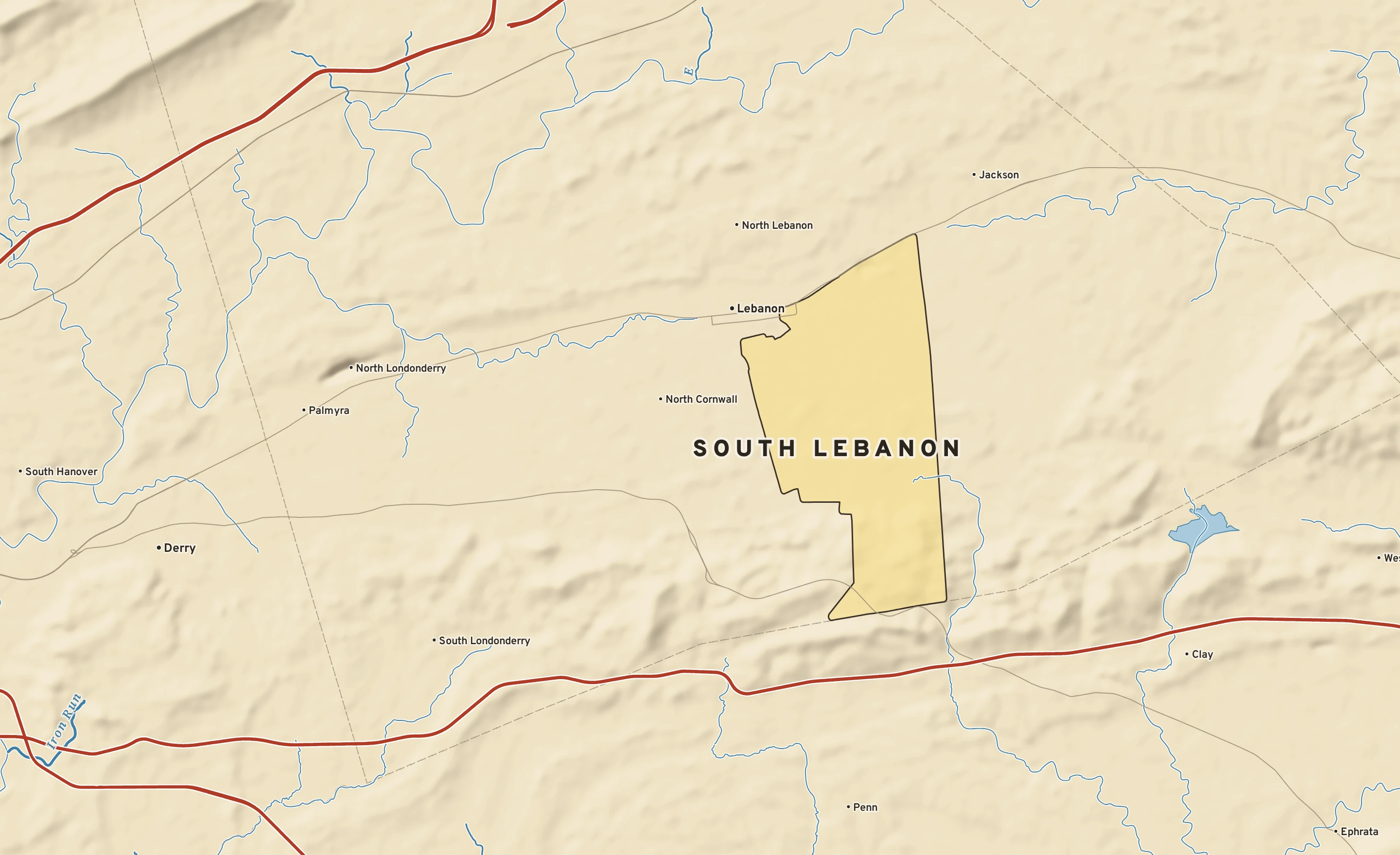 Shaded-relief atlas plate of South Lebanon, Pennsylvania: rivers, roads, the city limits and where the water drains.