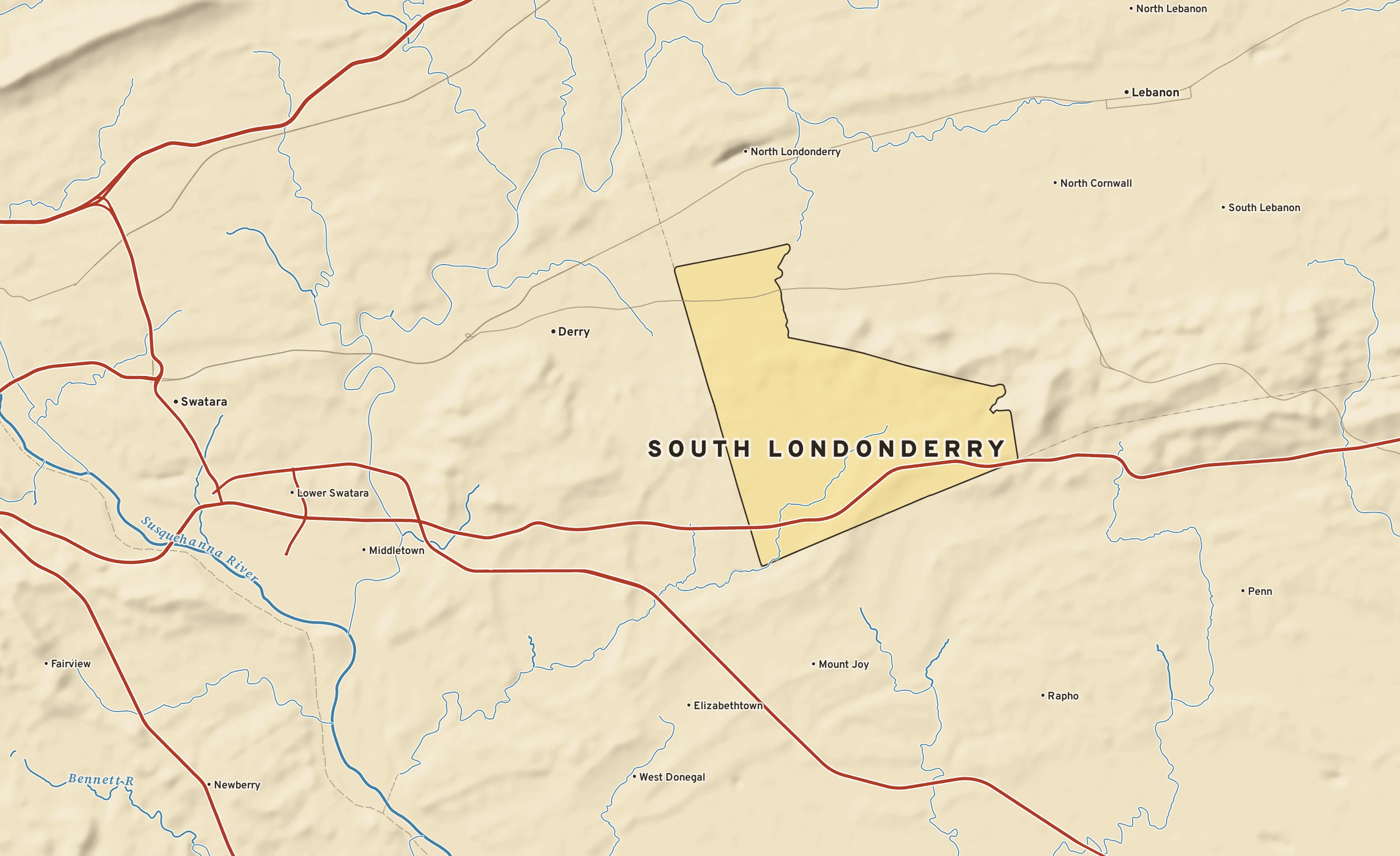 Shaded-relief atlas plate of South Londonderry, Pennsylvania: rivers, roads, the city limits and where the water drains.