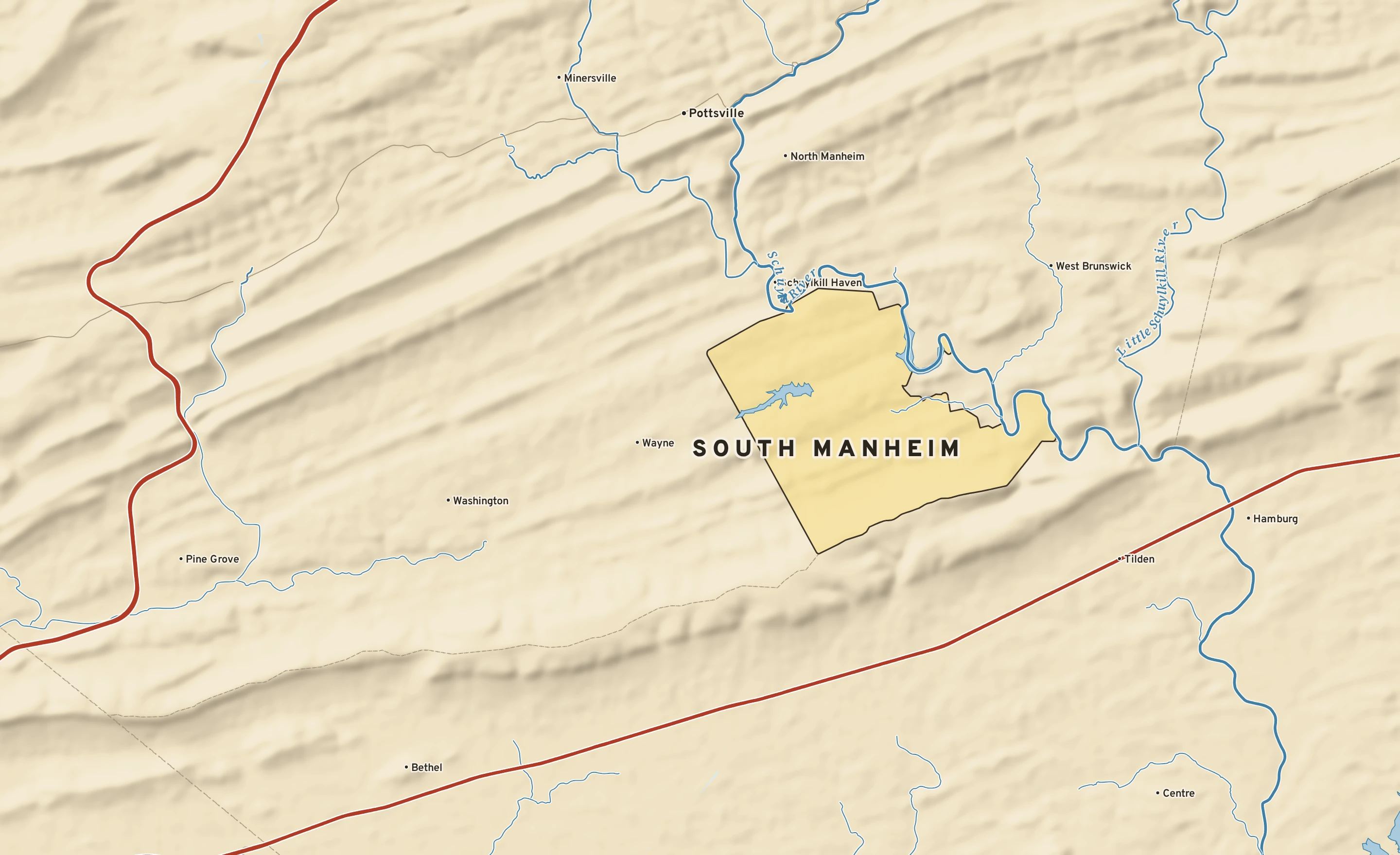 Shaded-relief atlas plate of South Manheim, Pennsylvania: rivers, roads, the city limits and where the water drains.