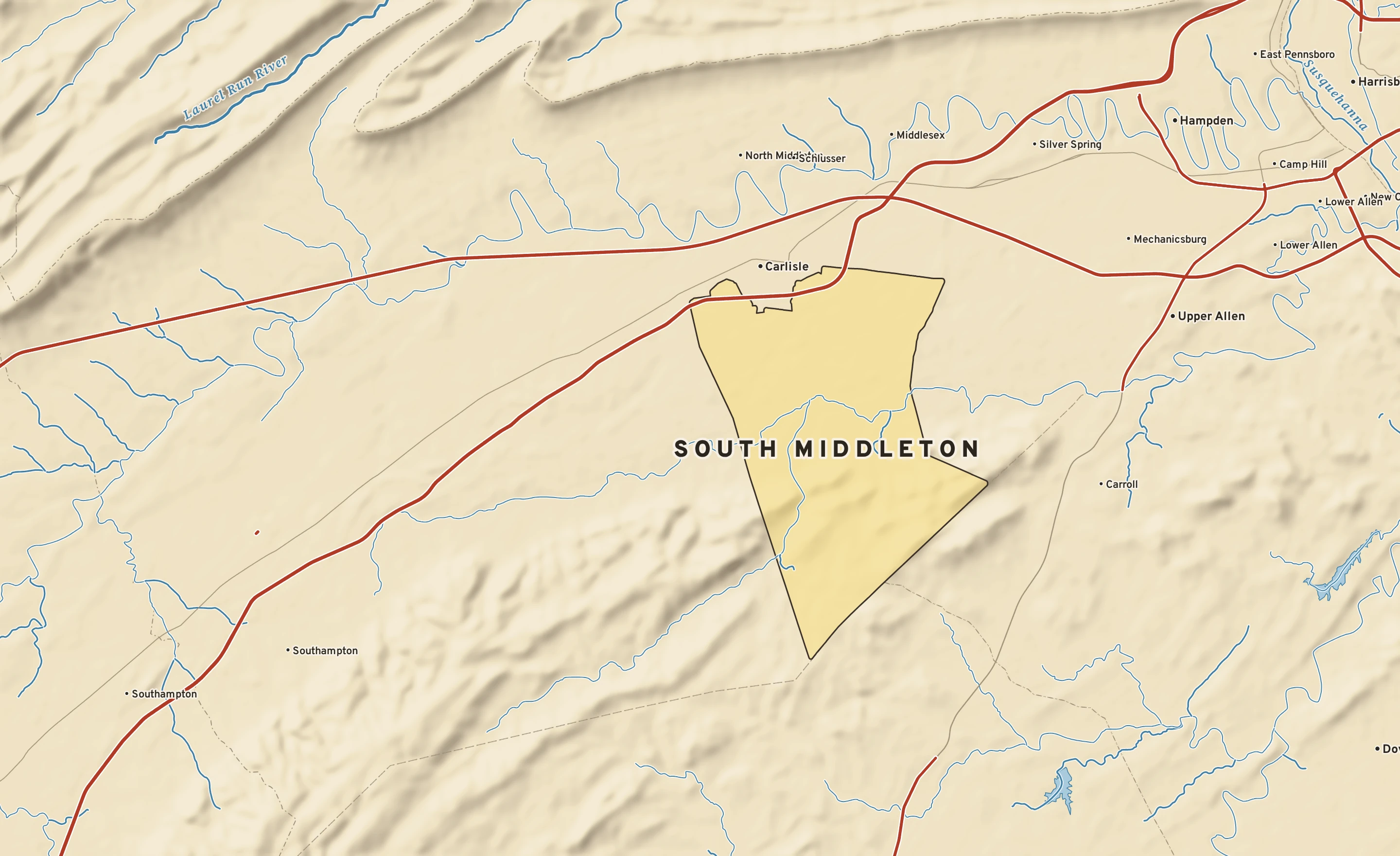 Shaded-relief atlas plate of South Middleton, Pennsylvania: rivers, roads, the city limits and where the water drains.