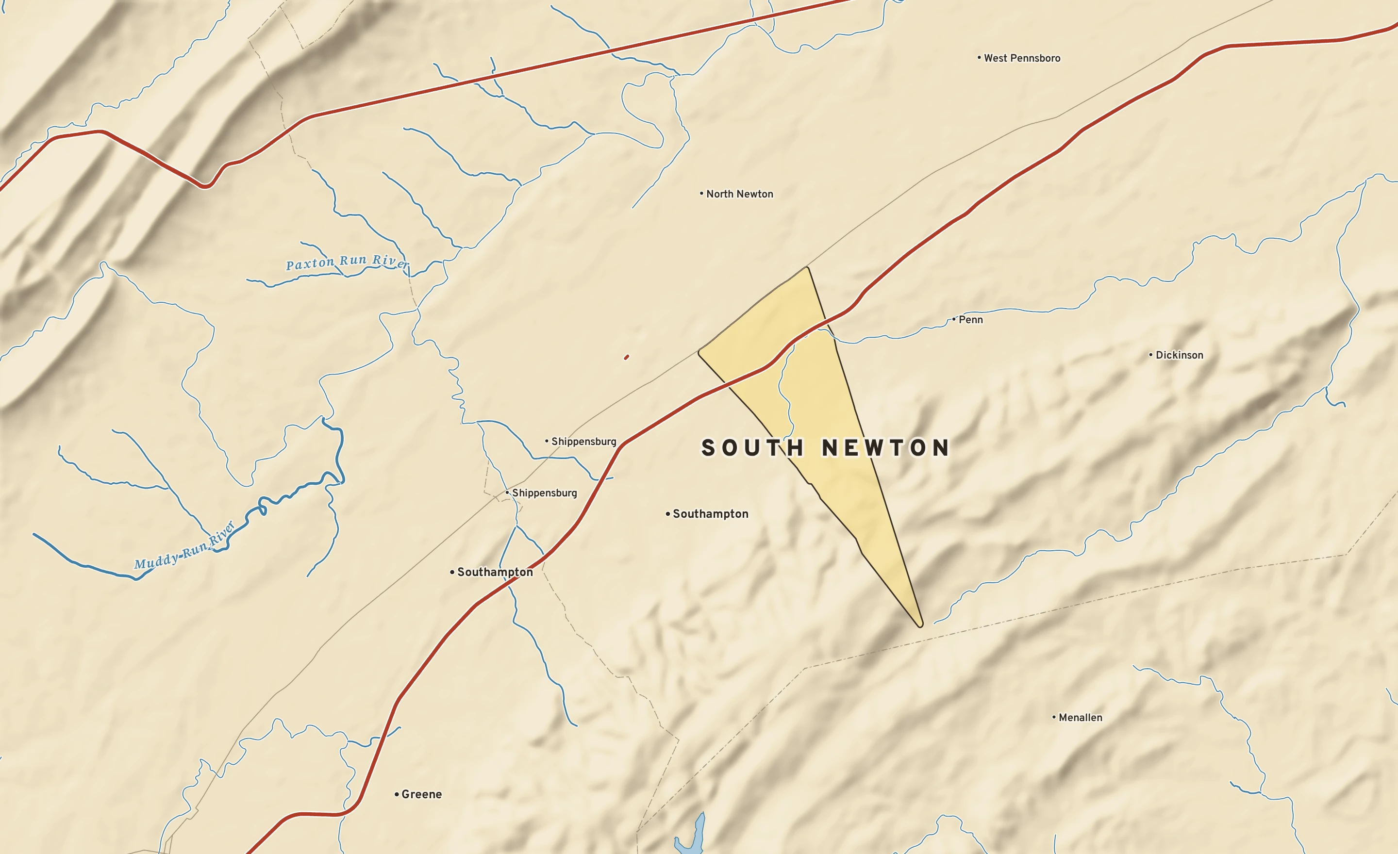 Shaded-relief atlas plate of South Newton, Pennsylvania: rivers, roads, the city limits and where the water drains.