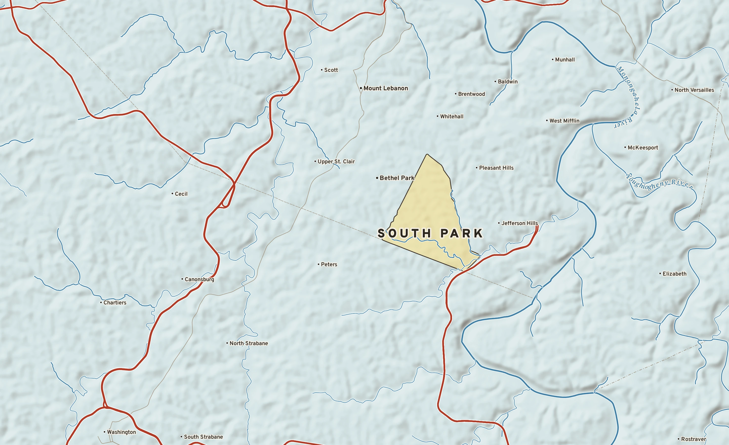 Shaded-relief atlas plate of South Park, Pennsylvania: rivers, roads, the city limits and where the water drains.