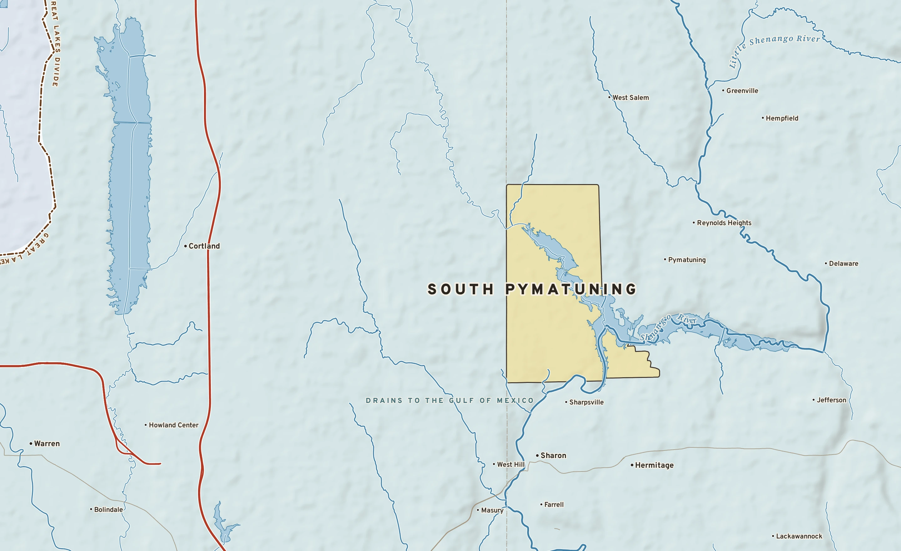 Shaded-relief atlas plate of South Pymatuning, Pennsylvania: rivers, roads, the city limits and where the water drains.