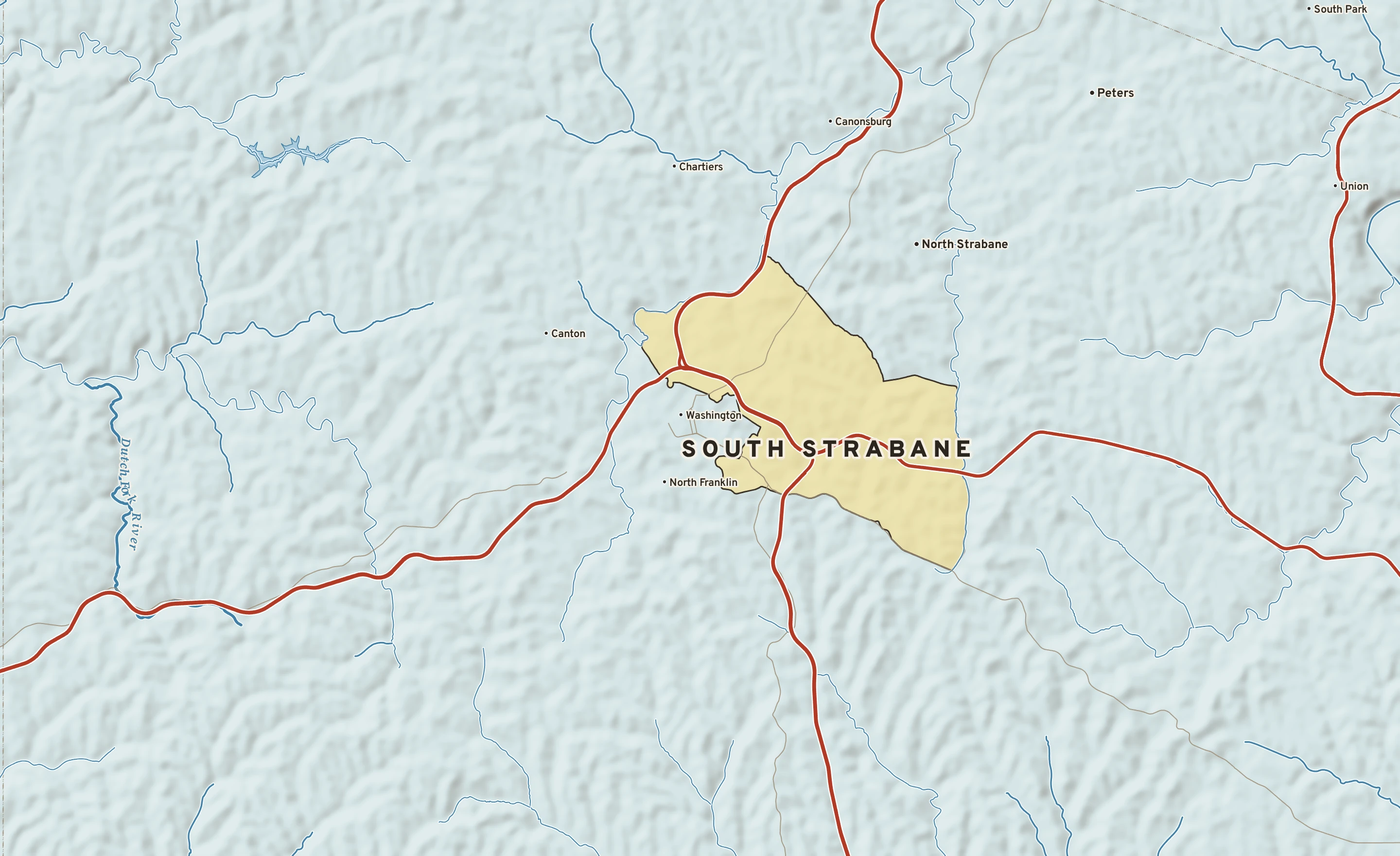 Shaded-relief atlas plate of South Strabane, Pennsylvania: rivers, roads, the city limits and where the water drains.