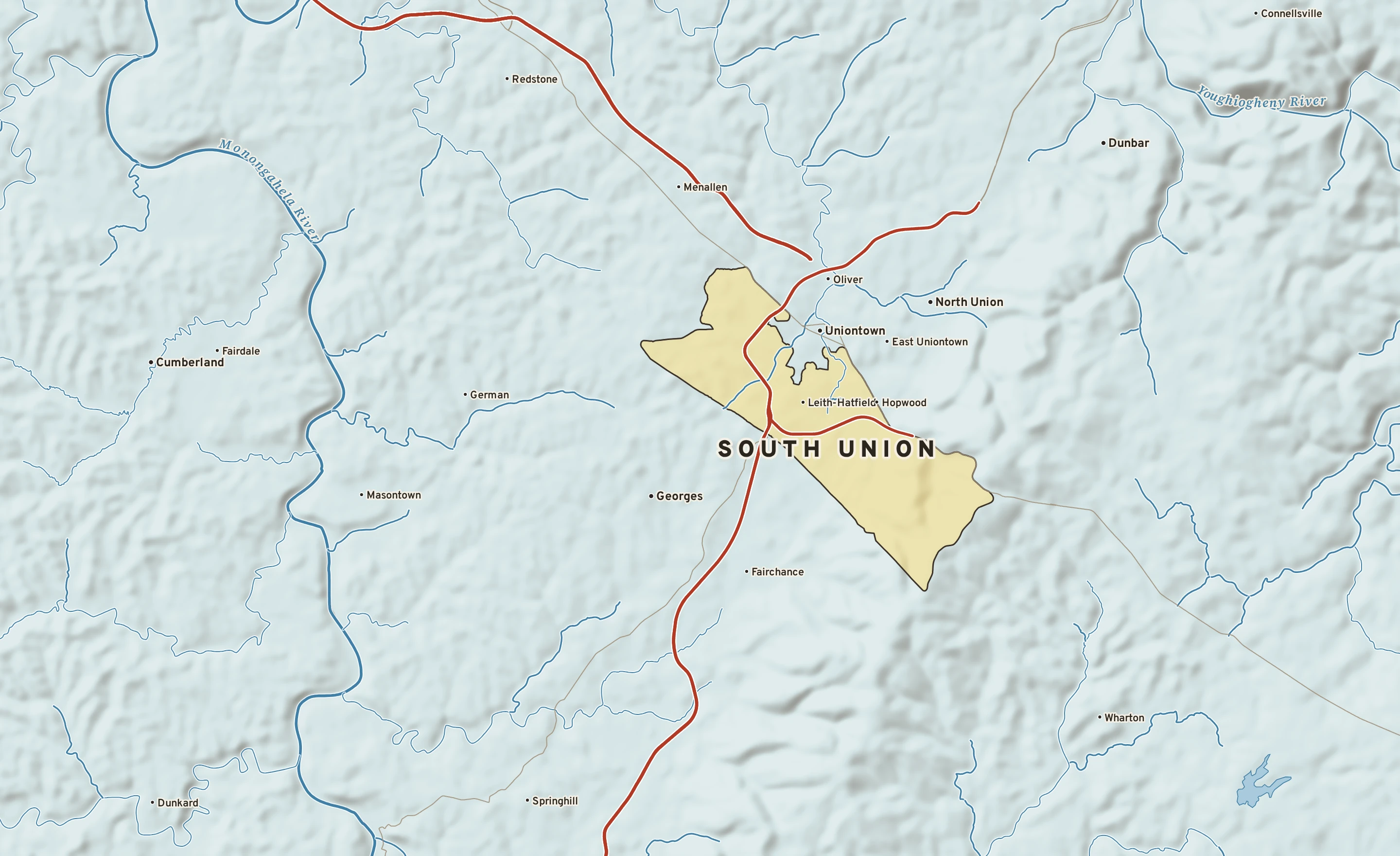 Shaded-relief atlas plate of South Union, Pennsylvania: rivers, roads, the city limits and where the water drains.