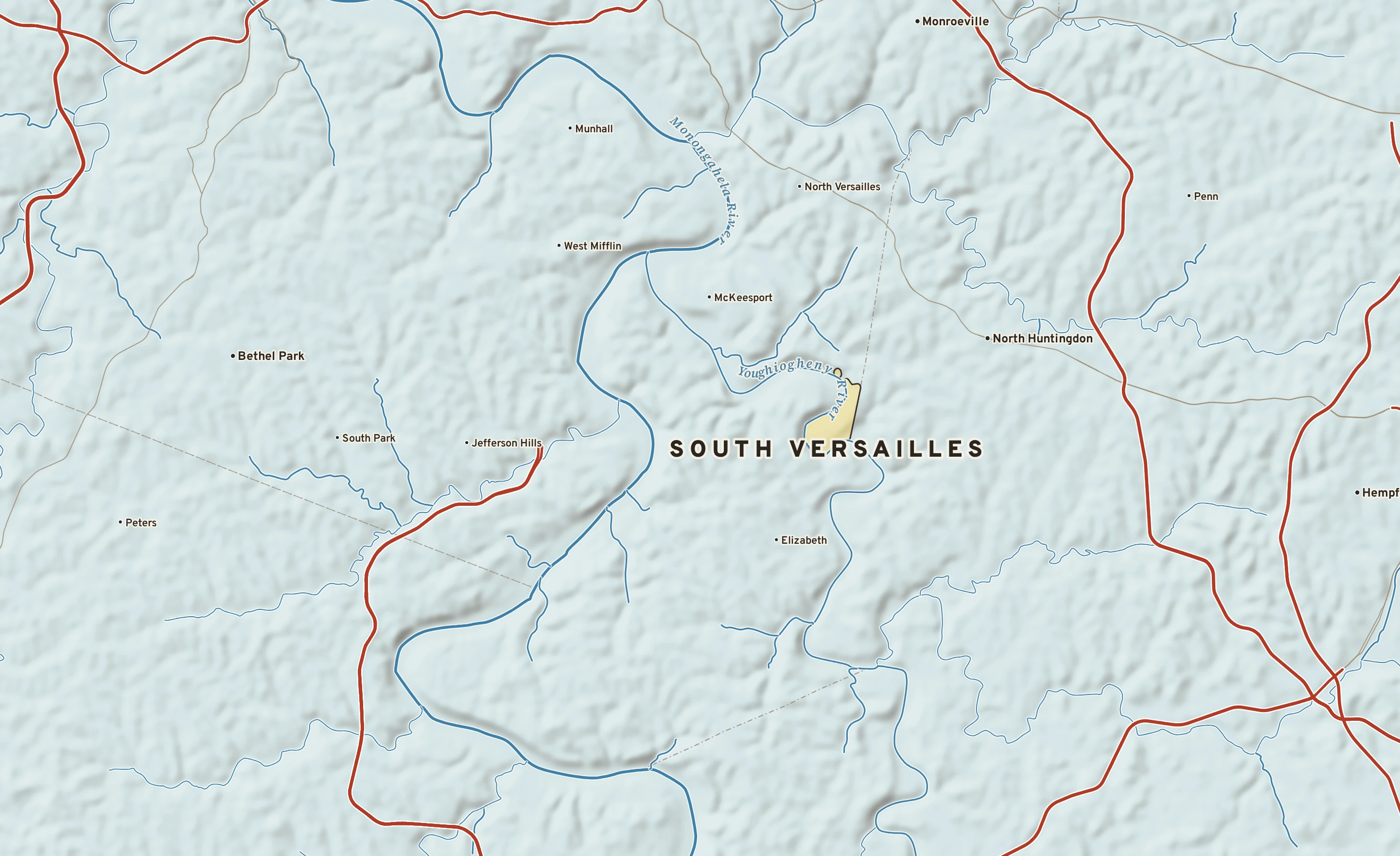 Shaded-relief atlas plate of South Versailles, Pennsylvania: rivers, roads, the city limits and where the water drains.