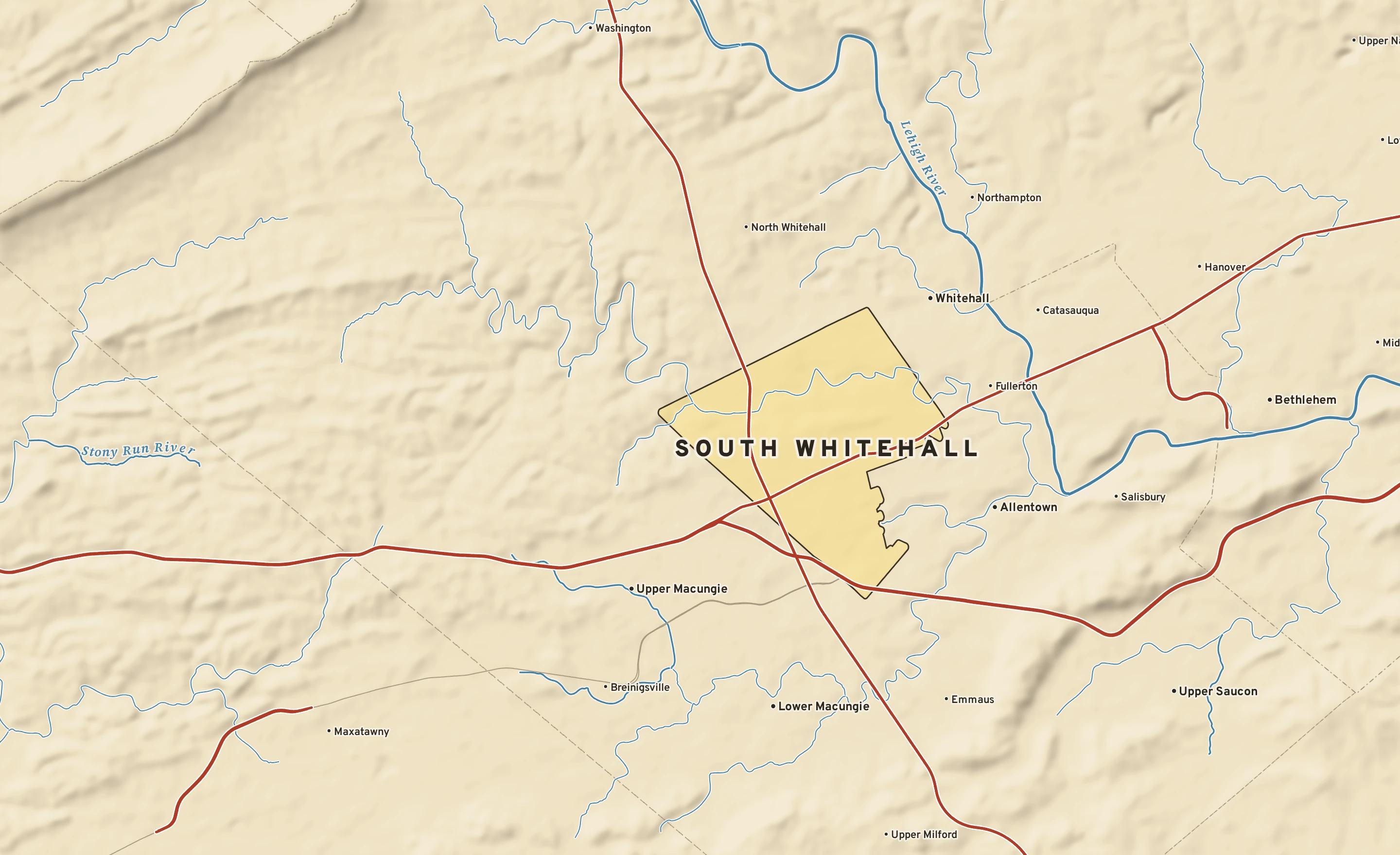 Shaded-relief atlas plate of South Whitehall, Pennsylvania: rivers, roads, the city limits and where the water drains.