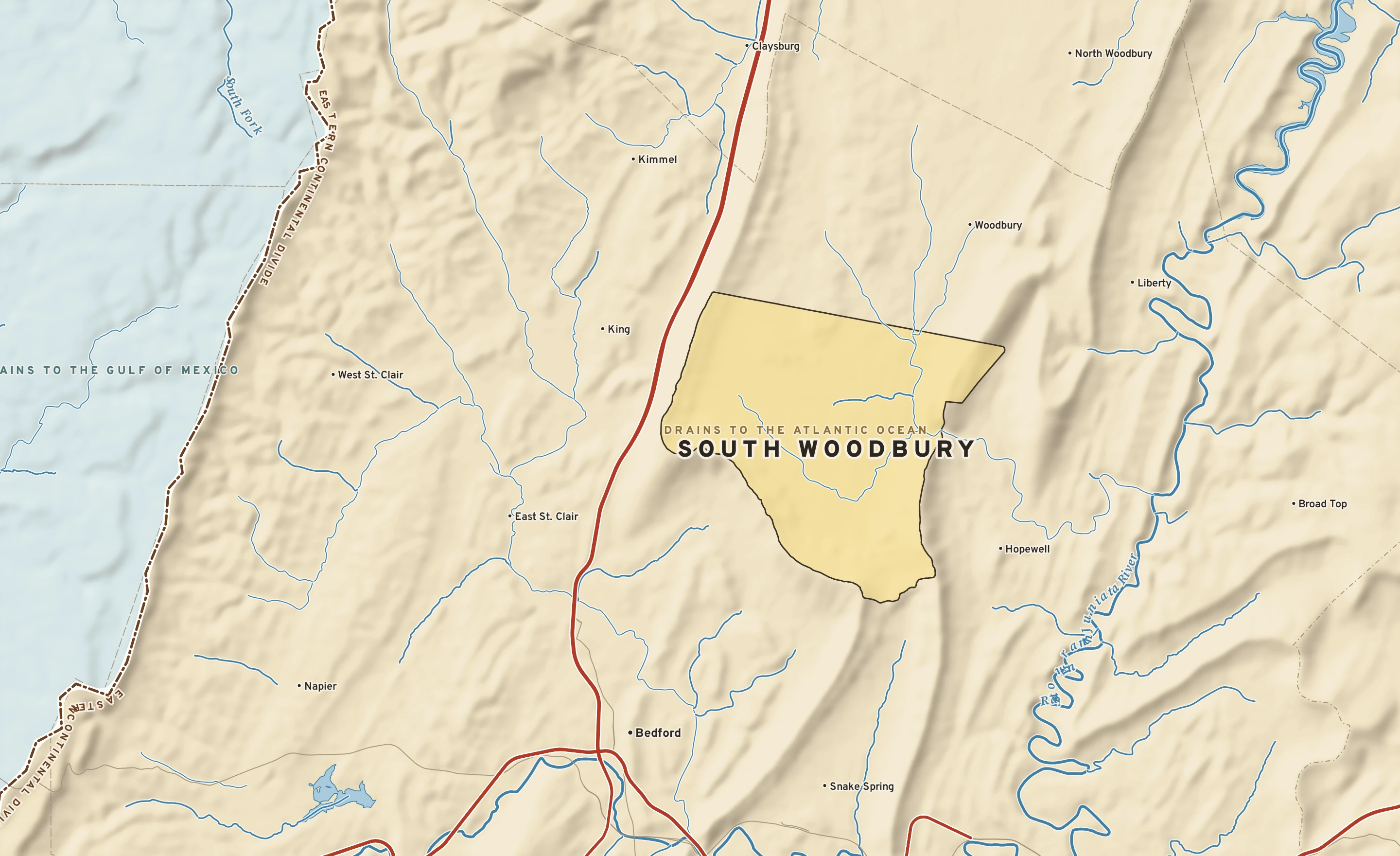 Shaded-relief atlas plate of South Woodbury, Pennsylvania: rivers, roads, the city limits and where the water drains.